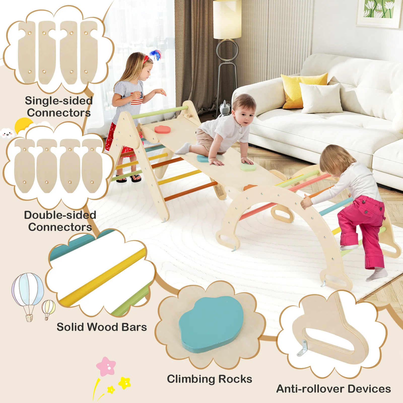 7-in-1 Triangular Set of 3, Baby Climbing Toys w/ Triangular Climber Arch Ramp Rocker - Image 22