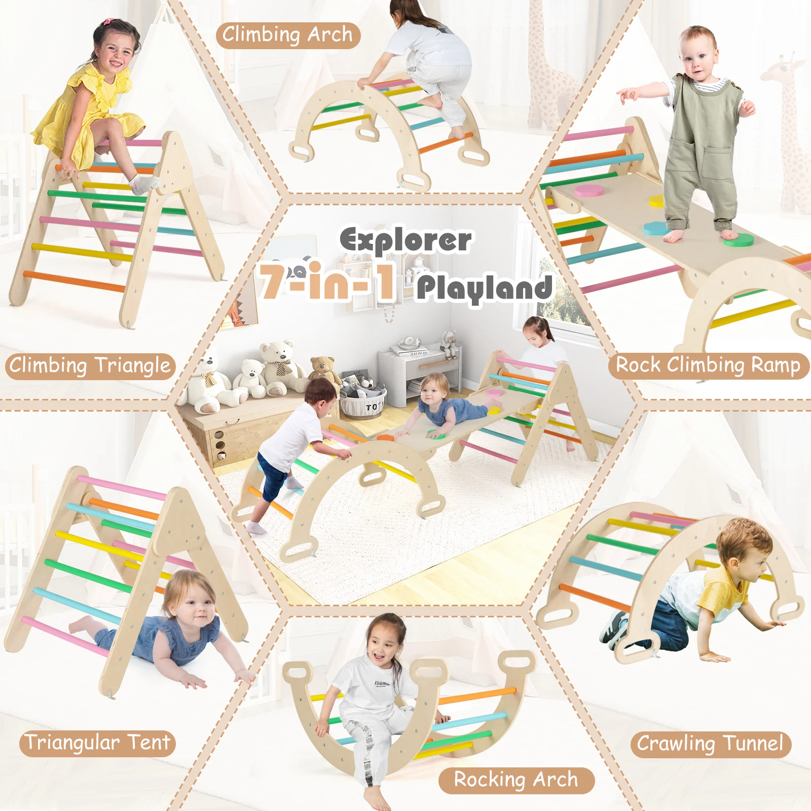 7-in-1 Triangular Set of 3, Baby Climbing Toys w/ Triangular Climber Arch Ramp Rocker - Image 3