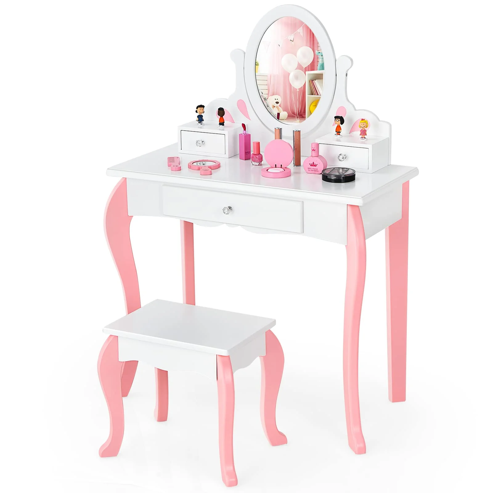 HONEY JOY Kids Vanity and Stool Set, Toddlers Pretend Play Vanity Set w/ 3 Drawers & 360° Rotating Oval Mirror