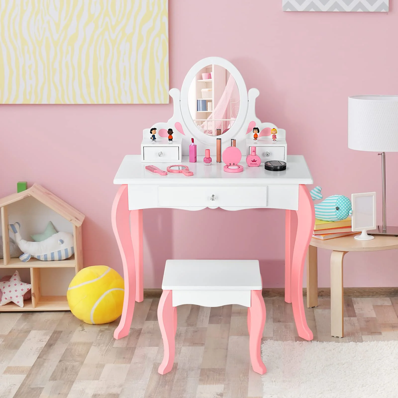HONEY JOY Kids Vanity and Stool Set, Toddlers Pretend Play Vanity Set w/ 3 Drawers & 360° Rotating Oval Mirror - Image 2