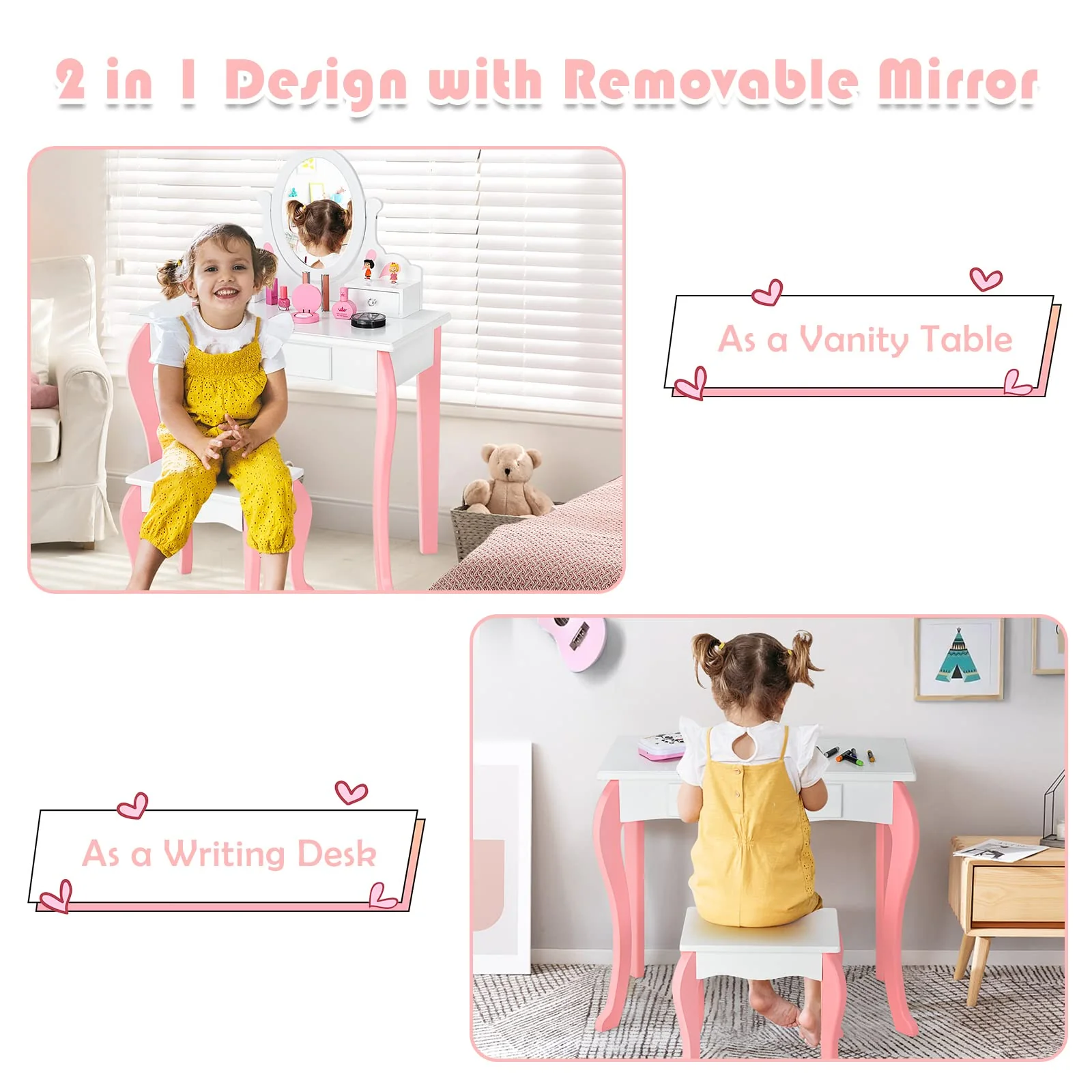 HONEY JOY Kids Vanity and Stool Set, Toddlers Pretend Play Vanity Set w/ 3 Drawers & 360° Rotating Oval Mirror - Image 3