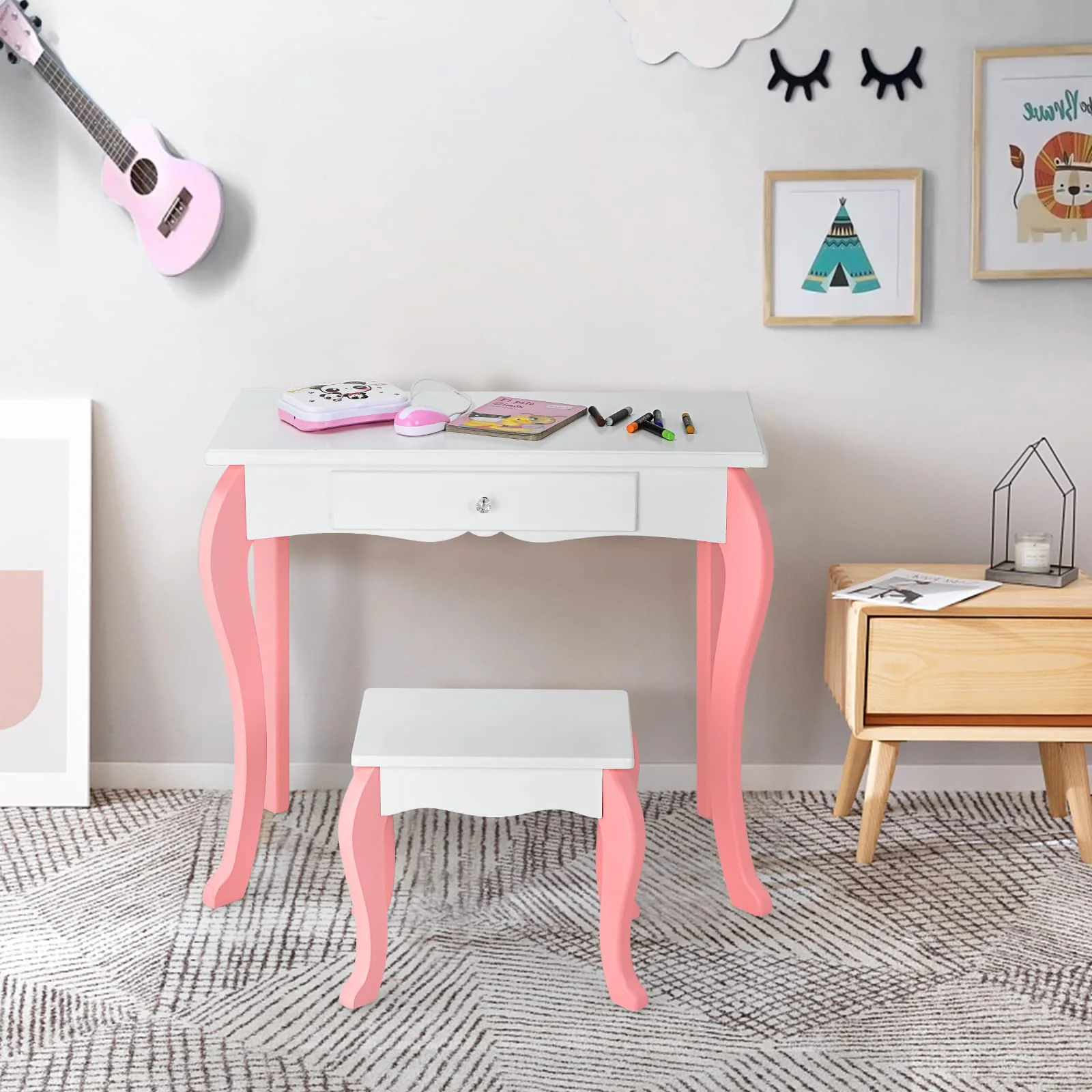 HONEY JOY Kids Vanity and Stool Set, Toddlers Pretend Play Vanity Set w/ 3 Drawers & 360° Rotating Oval Mirror - Image 4