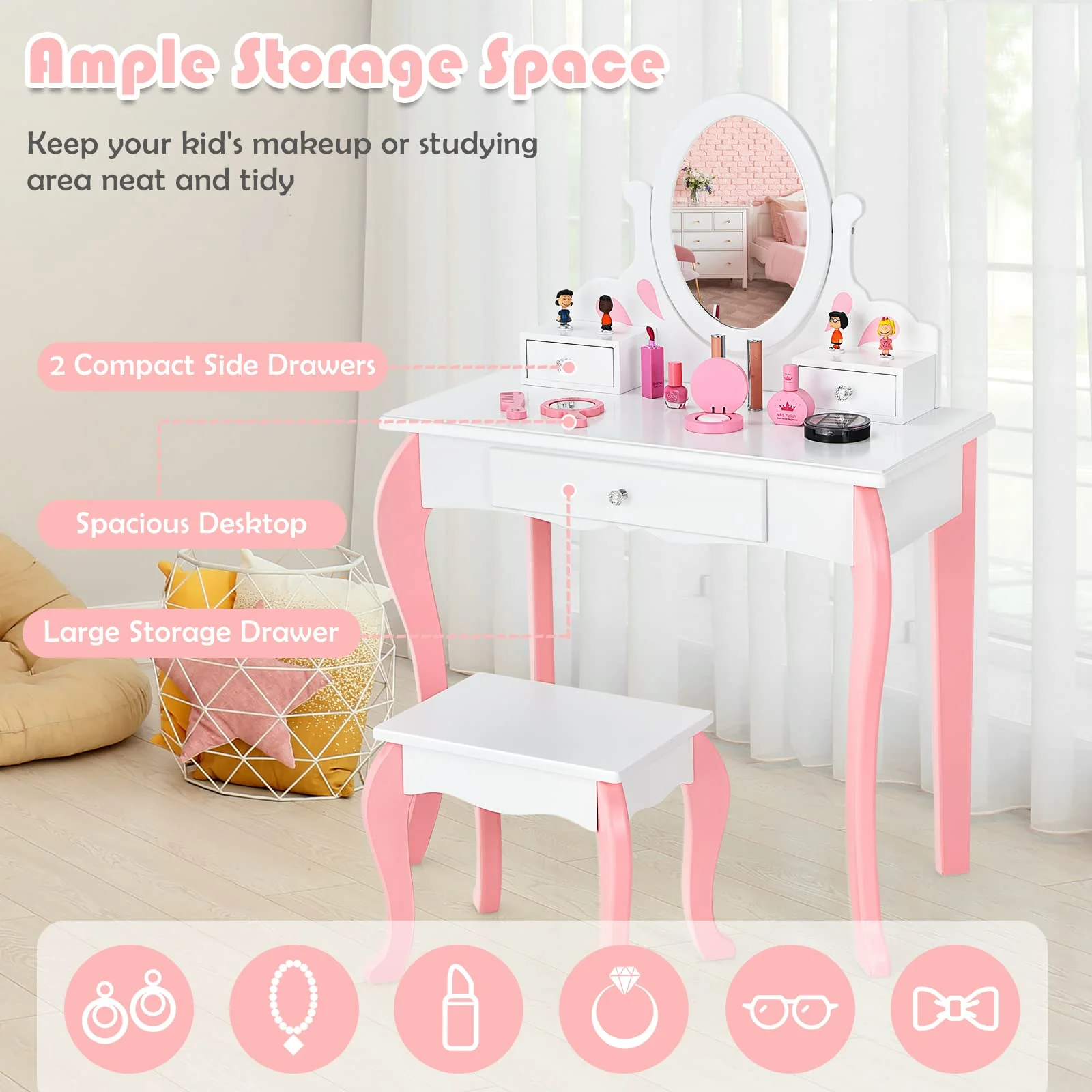 HONEY JOY Kids Vanity and Stool Set, Toddlers Pretend Play Vanity Set w/ 3 Drawers & 360° Rotating Oval Mirror - Image 5