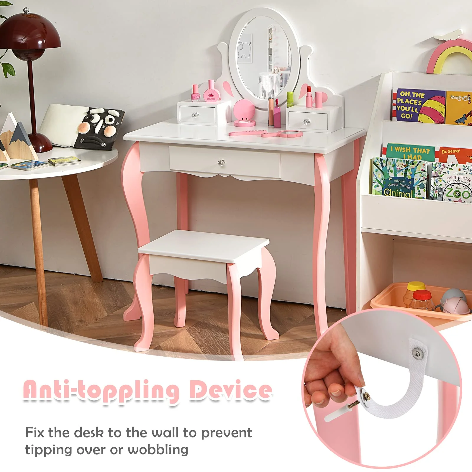 HONEY JOY Kids Vanity and Stool Set, Toddlers Pretend Play Vanity Set w/ 3 Drawers & 360° Rotating Oval Mirror - Image 6