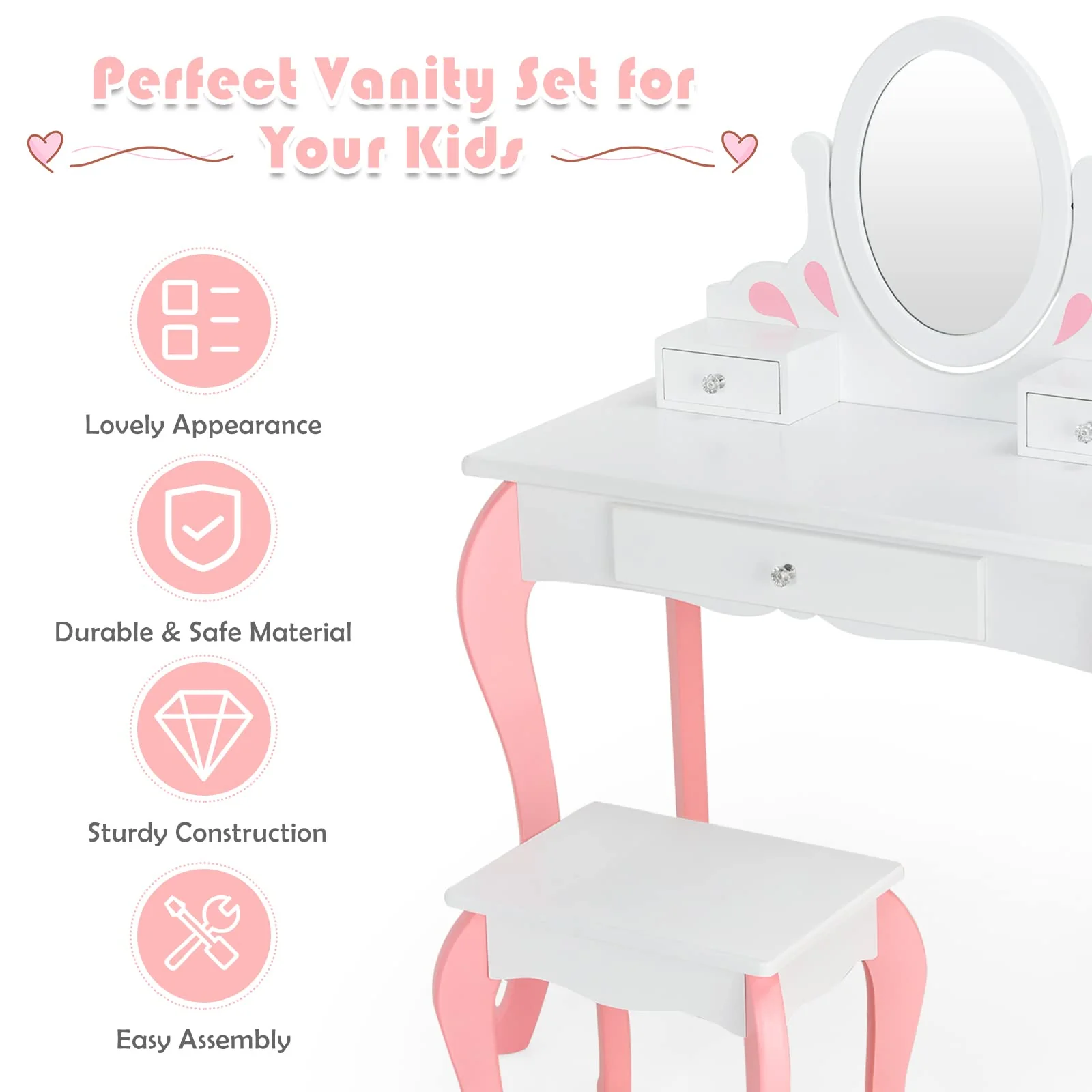 HONEY JOY Kids Vanity and Stool Set, Toddlers Pretend Play Vanity Set w/ 3 Drawers & 360° Rotating Oval Mirror - Image 7