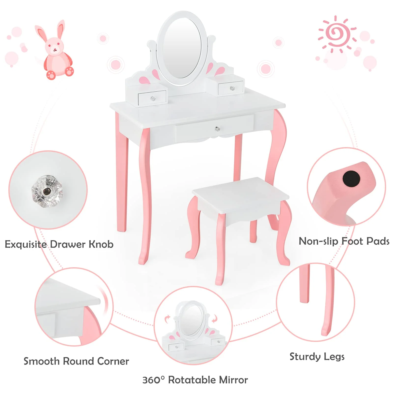 HONEY JOY Kids Vanity and Stool Set, Toddlers Pretend Play Vanity Set w/ 3 Drawers & 360° Rotating Oval Mirror - Image 8