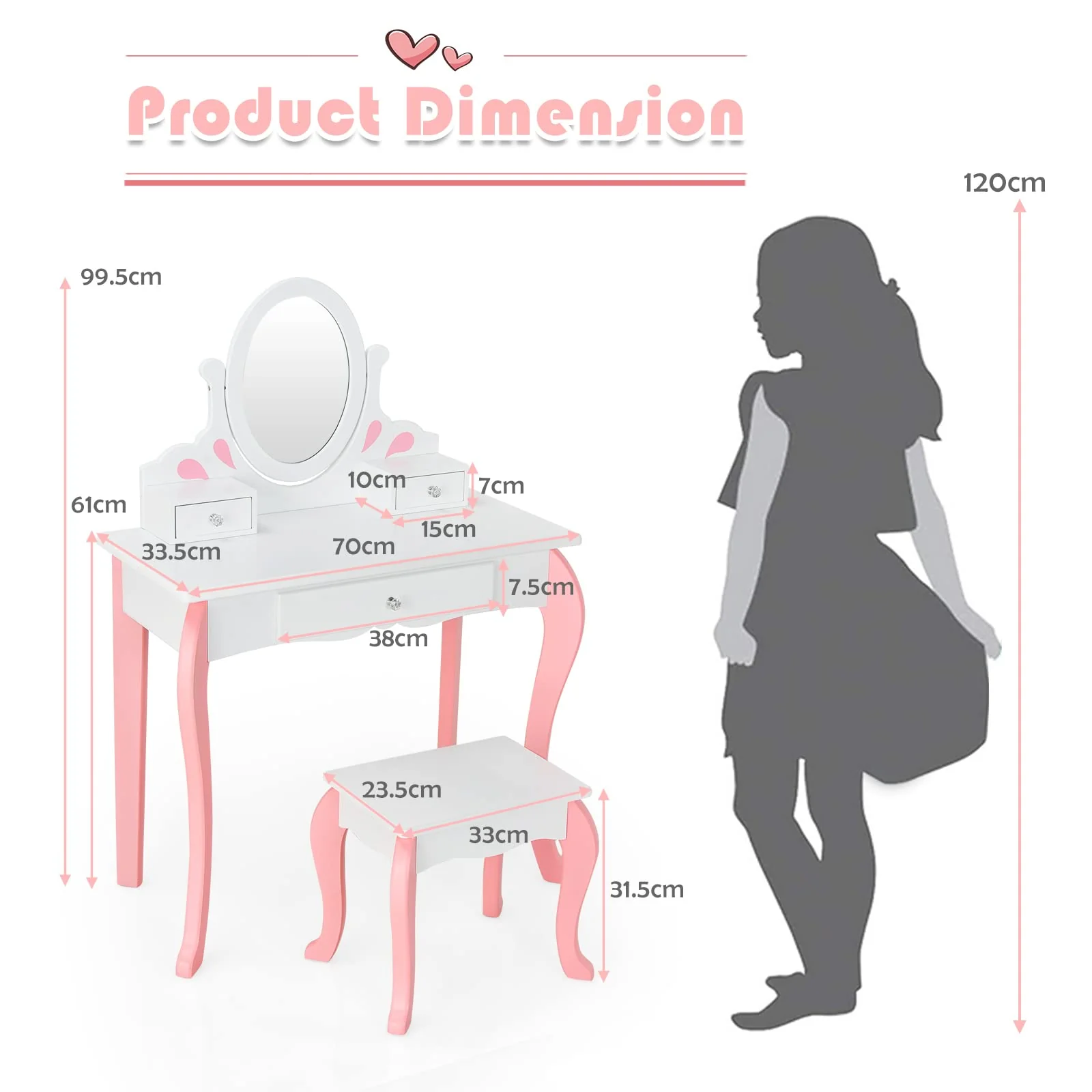 HONEY JOY Kids Vanity and Stool Set, Toddlers Pretend Play Vanity Set w/ 3 Drawers & 360° Rotating Oval Mirror - Image 9