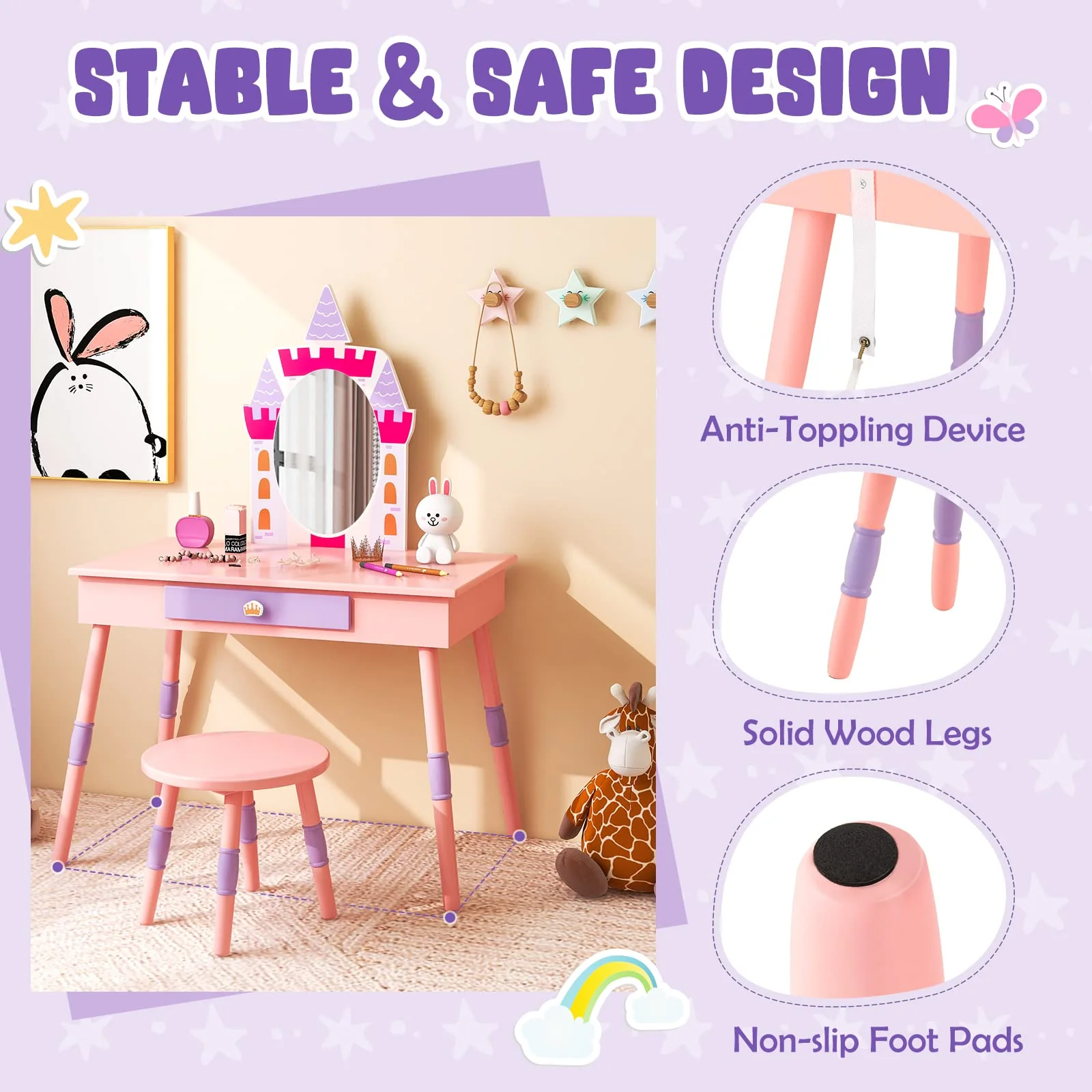 HONEY JOY Kids Vanity Set, Dressing Table for Children with Mirror and Stool, Princess Makeup Table - Image 4