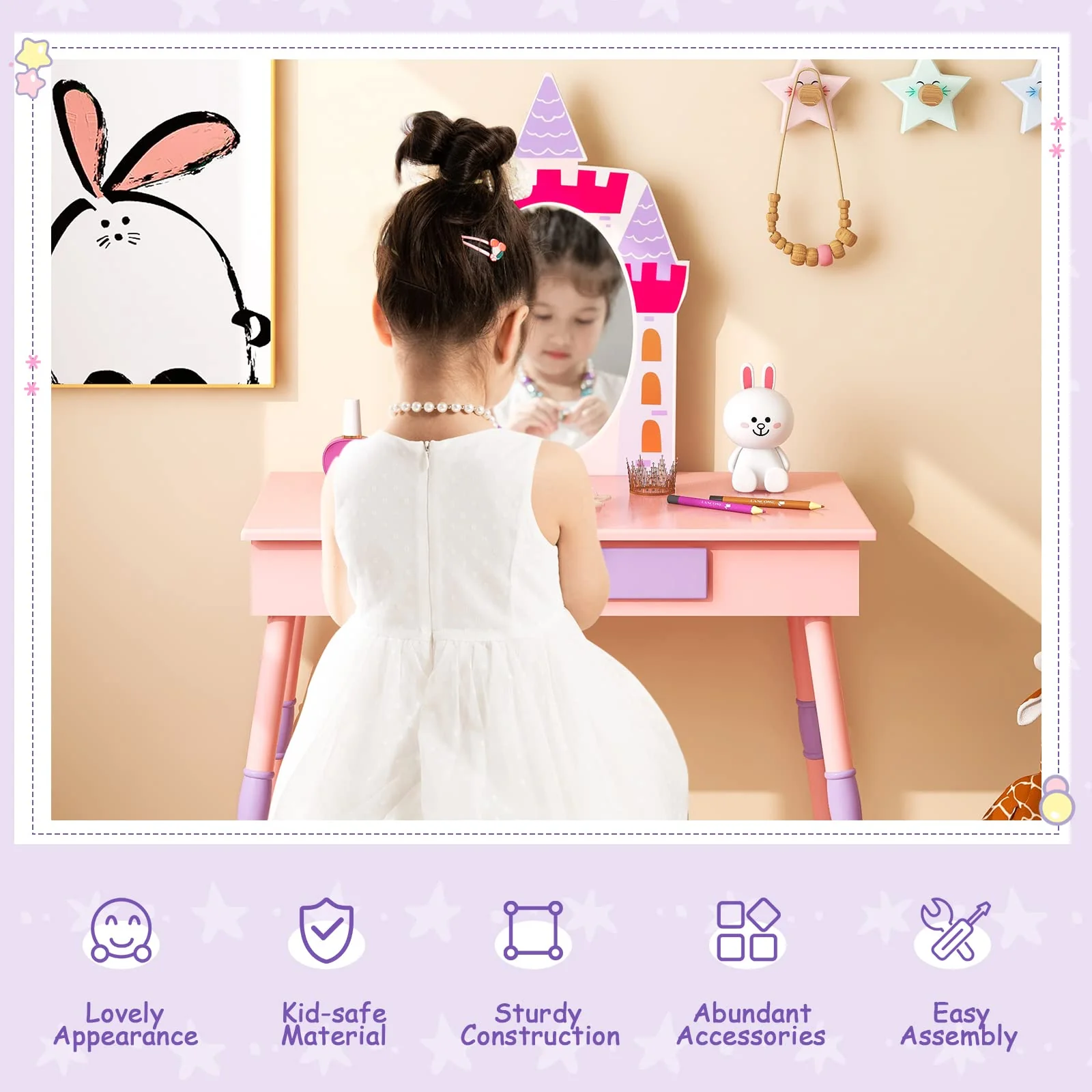 HONEY JOY Kids Vanity Set, Dressing Table for Children with Mirror and Stool, Princess Makeup Table - Image 7