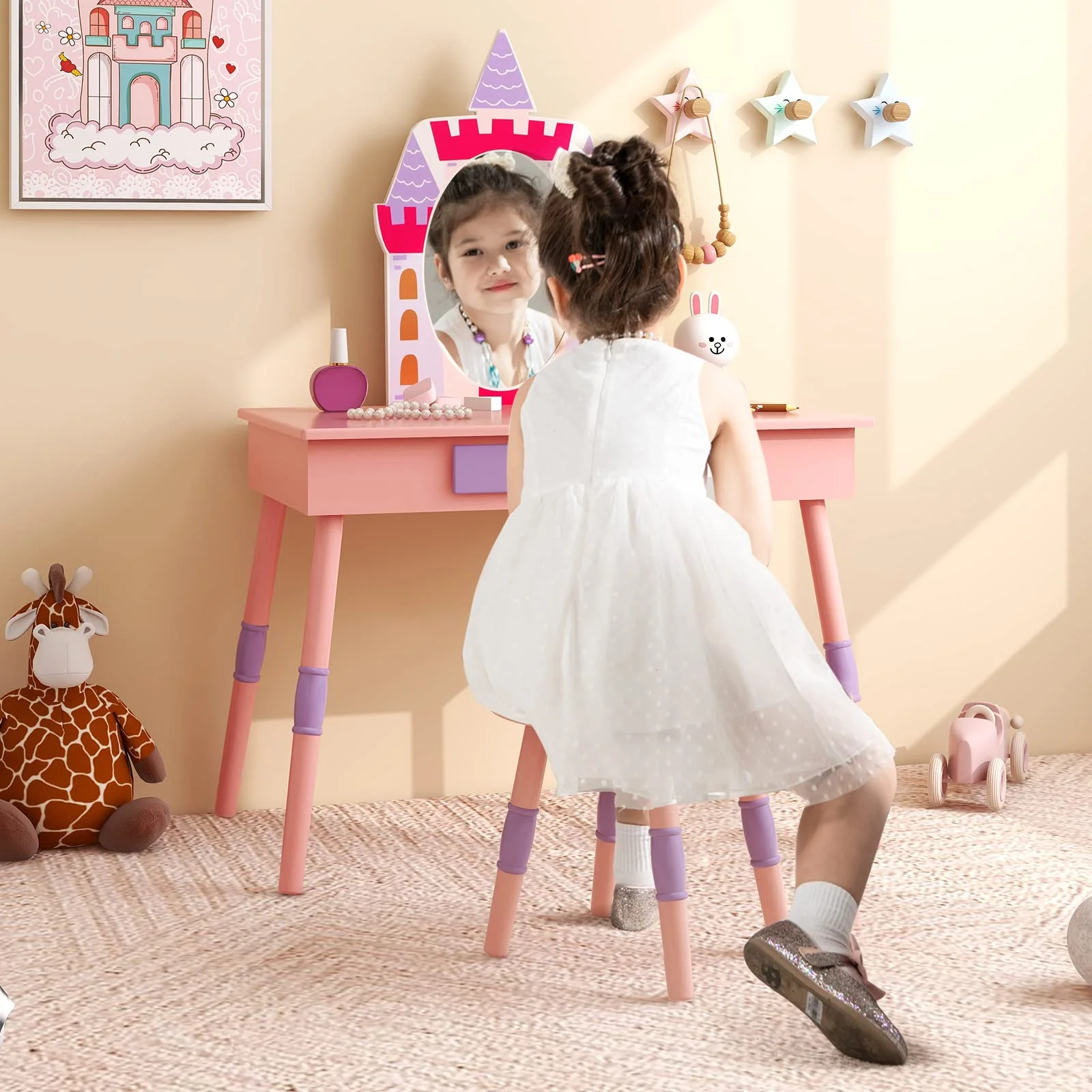 HONEY JOY Kids Vanity Set, Dressing Table for Children with Mirror and Stool, Princess Makeup Table - Image 9