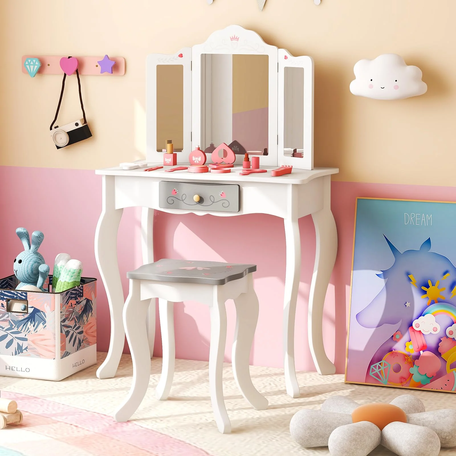HONEY JOY Kids Vanity Set, Dressing Table w/Mirror and Stool, Accessories, Drawer, Wooden Princess Makeup Dressing Table - Image 9