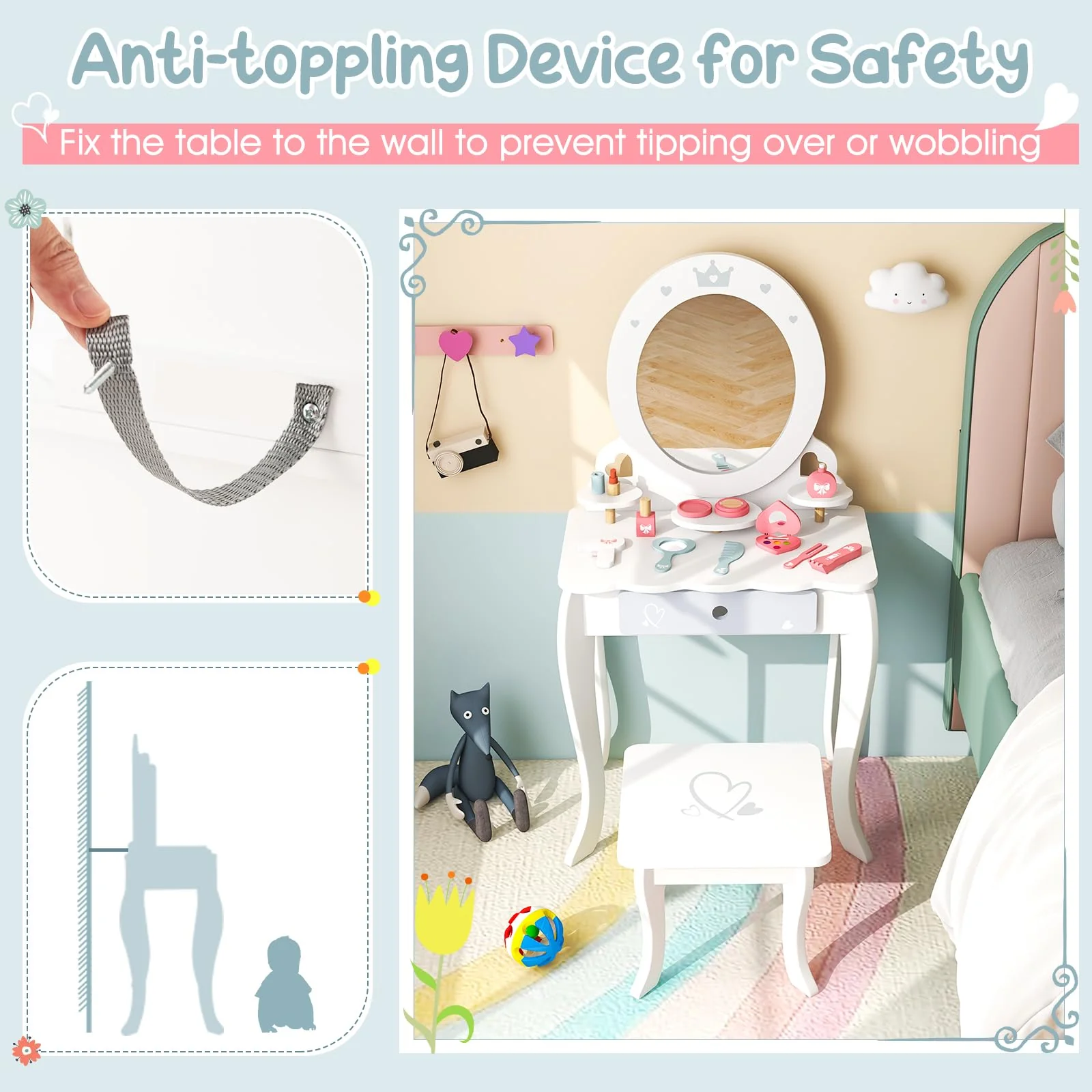 HONEY JOY Kids Vanity Set, Dressing Table w/Mirror and Stool, Accessories, Drawer, Wooden Princess Makeup Dressing Table - Image 4
