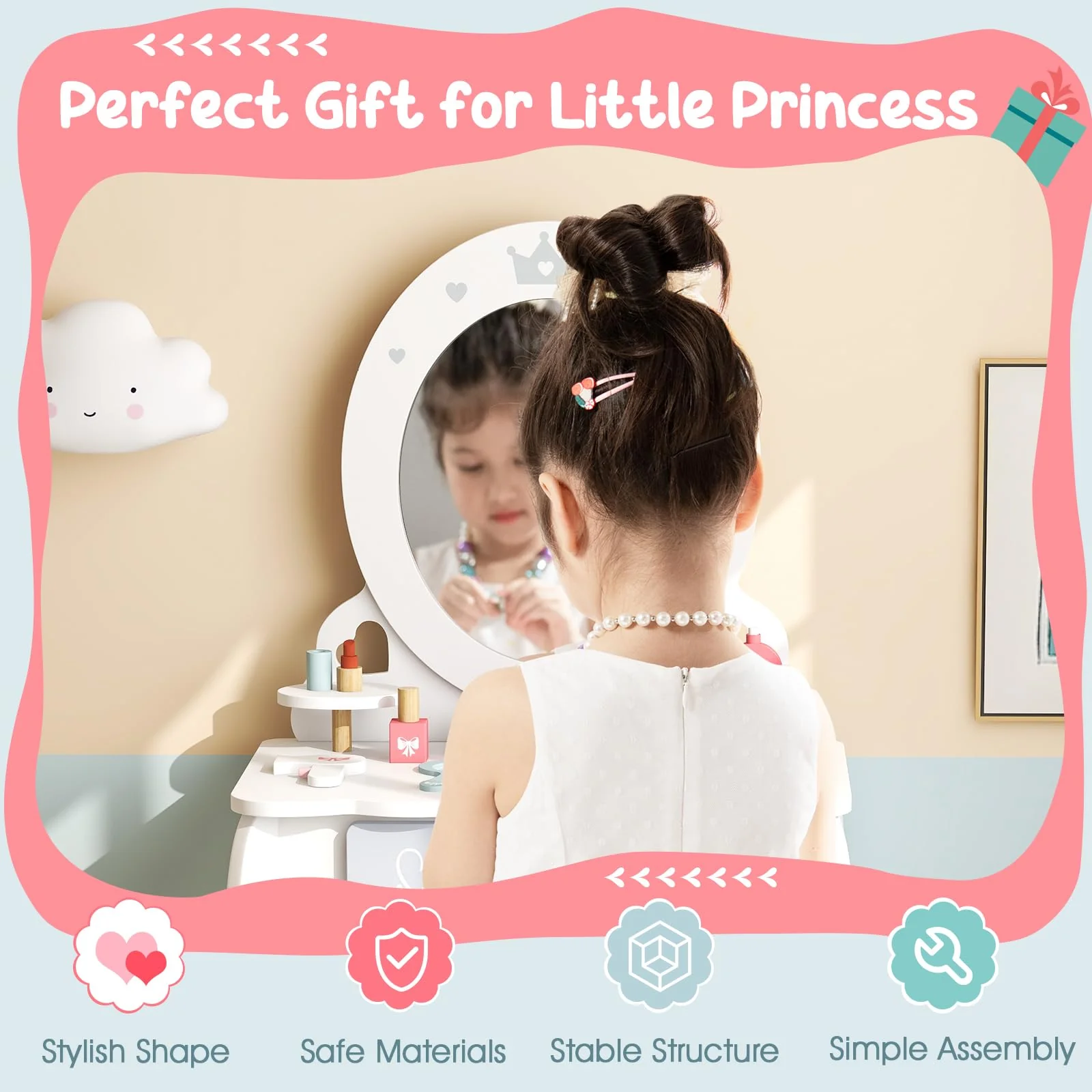 HONEY JOY Kids Vanity Set, Dressing Table w/Mirror and Stool, Accessories, Drawer, Wooden Princess Makeup Dressing Table - Image 7