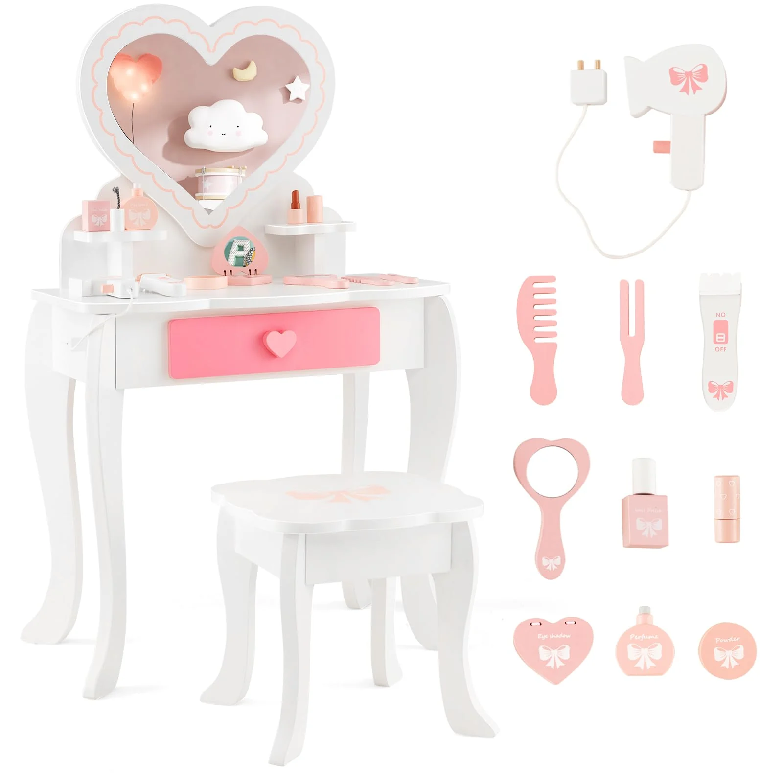 HONEY JOY Kids Vanity Set, Dressing Table w/Mirror and Stool, Accessories, Drawer, Wooden Princess Makeup Dressing Table(Heart-Shaped Mirror)