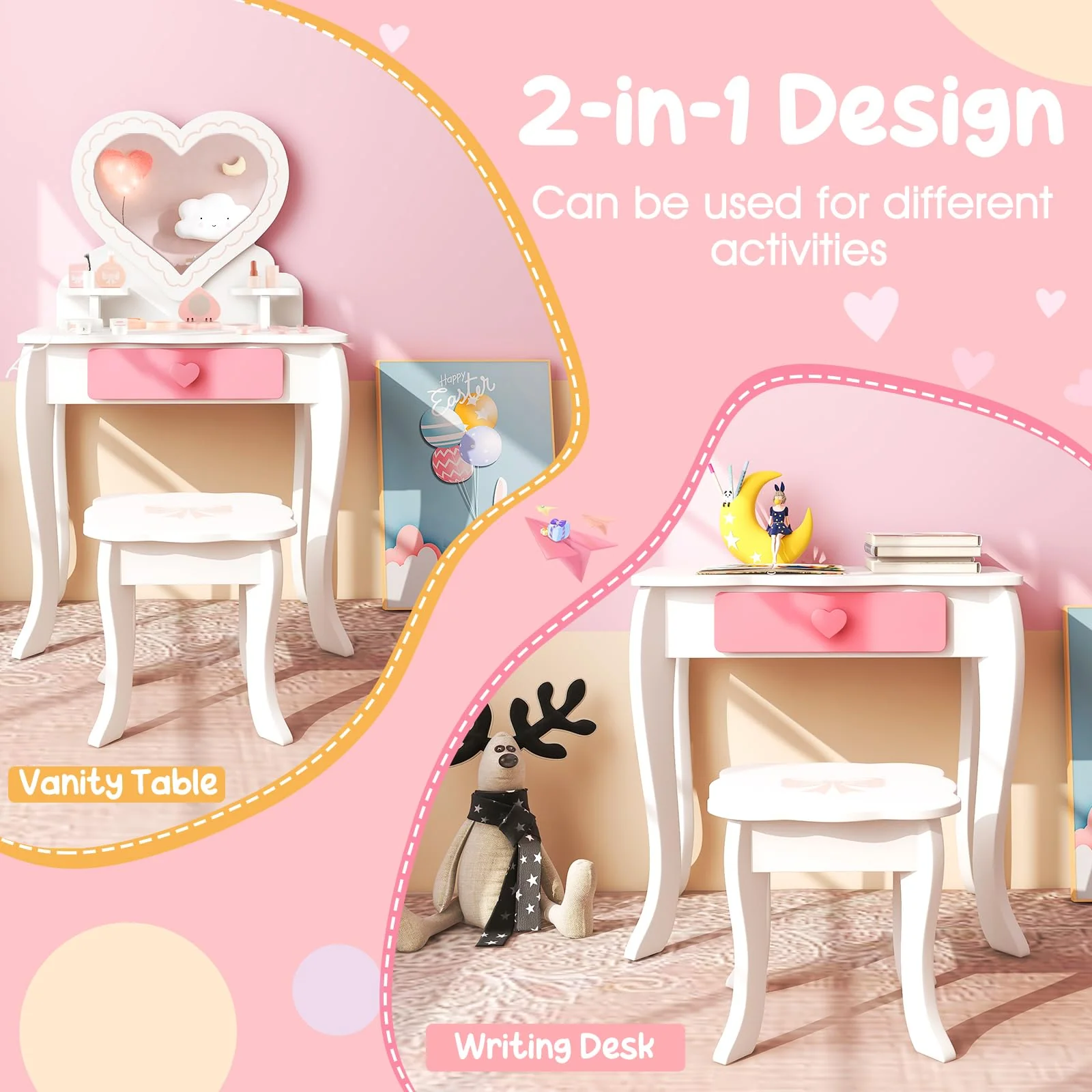 HONEY JOY Kids Vanity Set, Dressing Table w/Mirror and Stool, Accessories, Drawer, Wooden Princess Makeup Dressing Table(Heart-Shaped Mirror) - Image 2