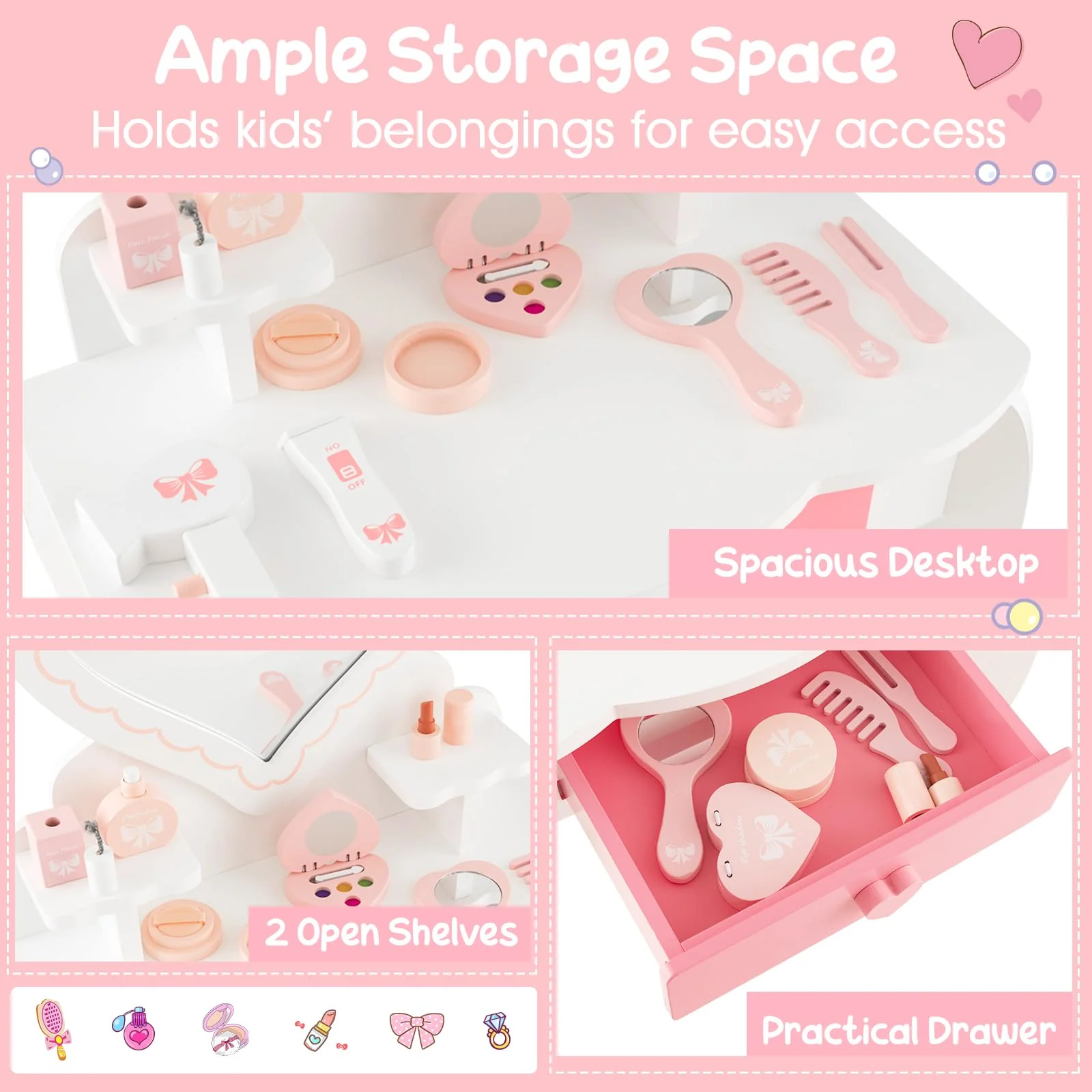 HONEY JOY Kids Vanity Set, Dressing Table w/Mirror and Stool, Accessories, Drawer, Wooden Princess Makeup Dressing Table(Heart-Shaped Mirror) - Image 4