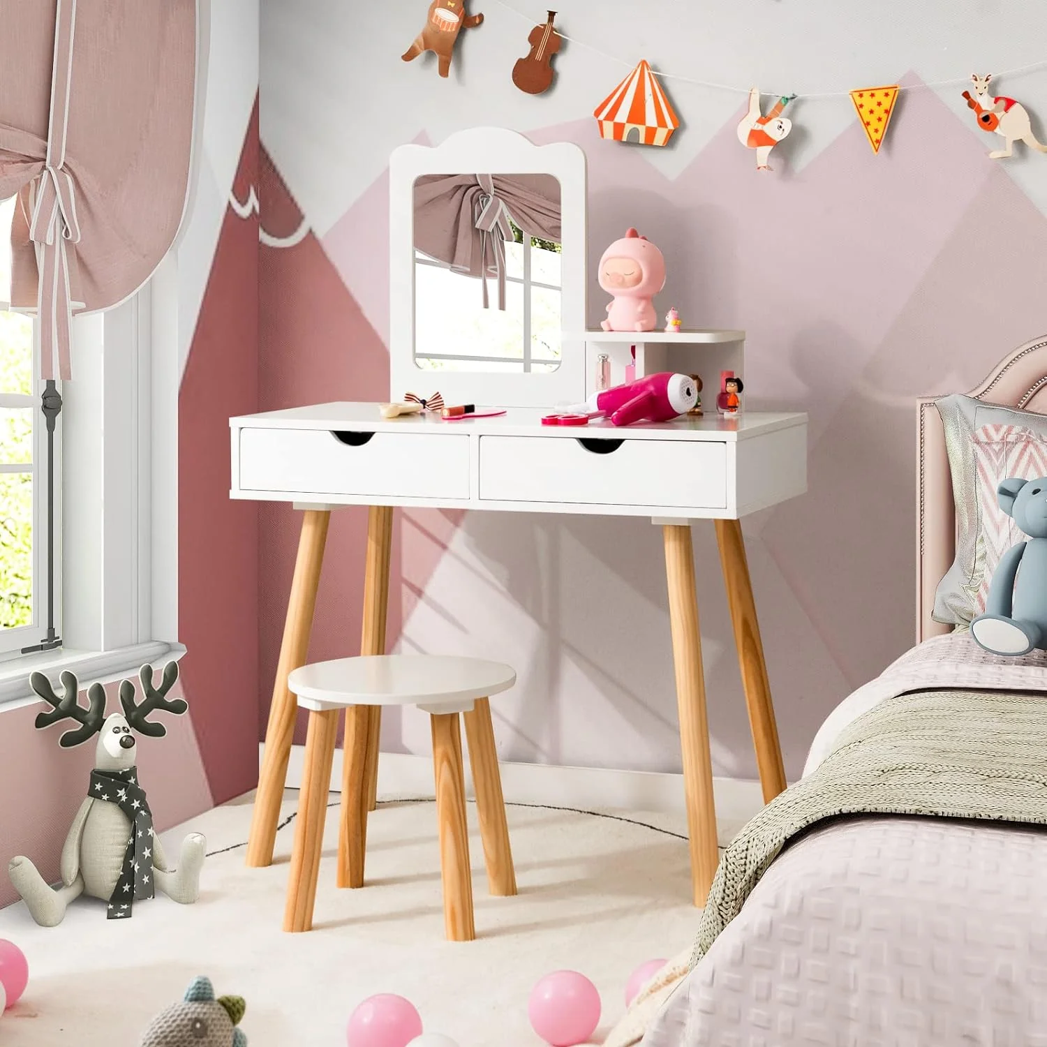 HONEY JOY Kids Vanity Set, Girls Vanity Set with Mirror and Stool, 2 Large Drawers, Storage Shelf - Image 10