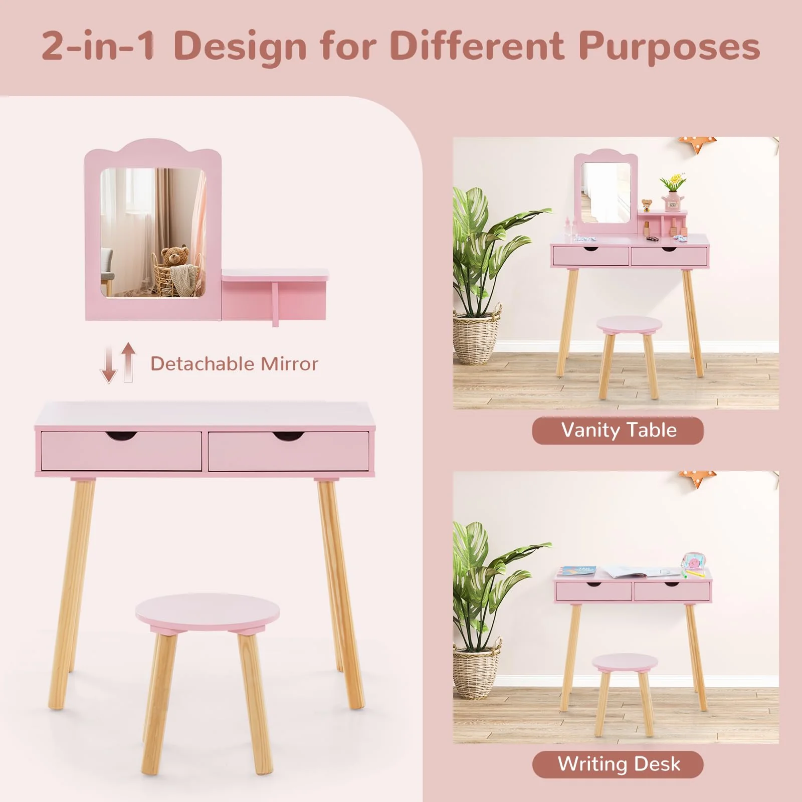 HONEY JOY Kids Vanity Set, Girls Vanity Set with Mirror and Stool, 2 Large Drawers, Storage Shelf - Image 2