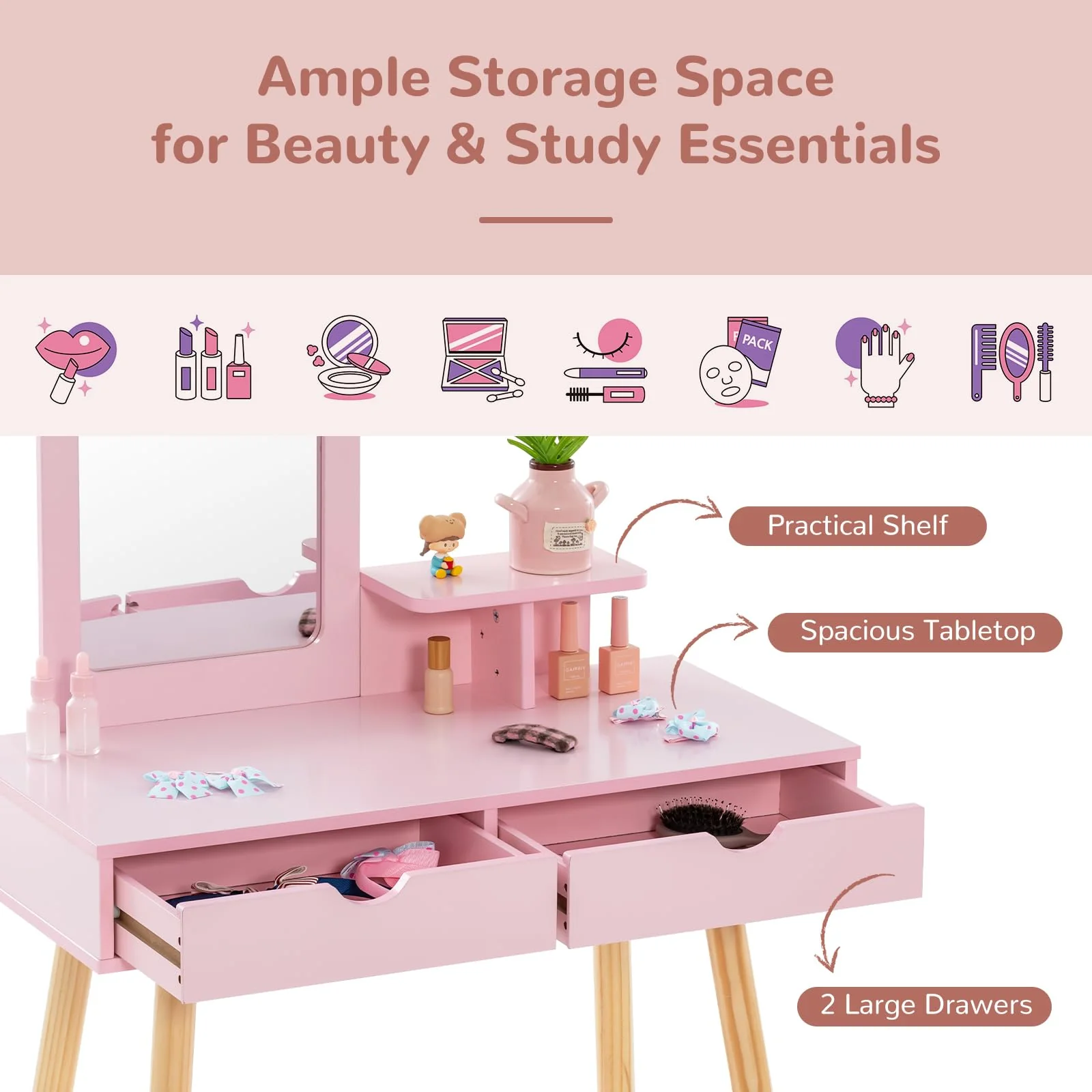 HONEY JOY Kids Vanity Set, Girls Vanity Set with Mirror and Stool, 2 Large Drawers, Storage Shelf - Image 3