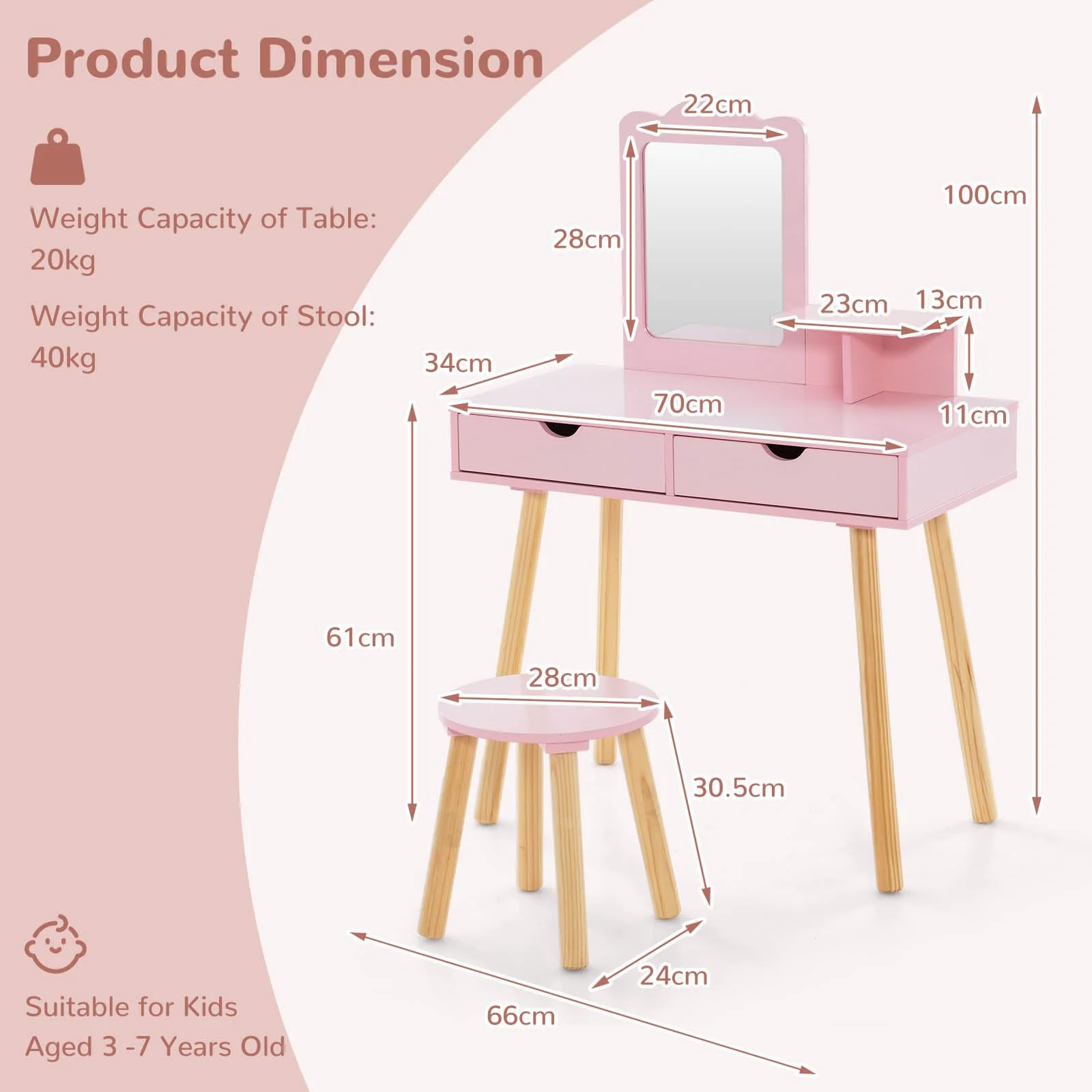 HONEY JOY Kids Vanity Set, Girls Vanity Set with Mirror and Stool, 2 Large Drawers, Storage Shelf - Image 6