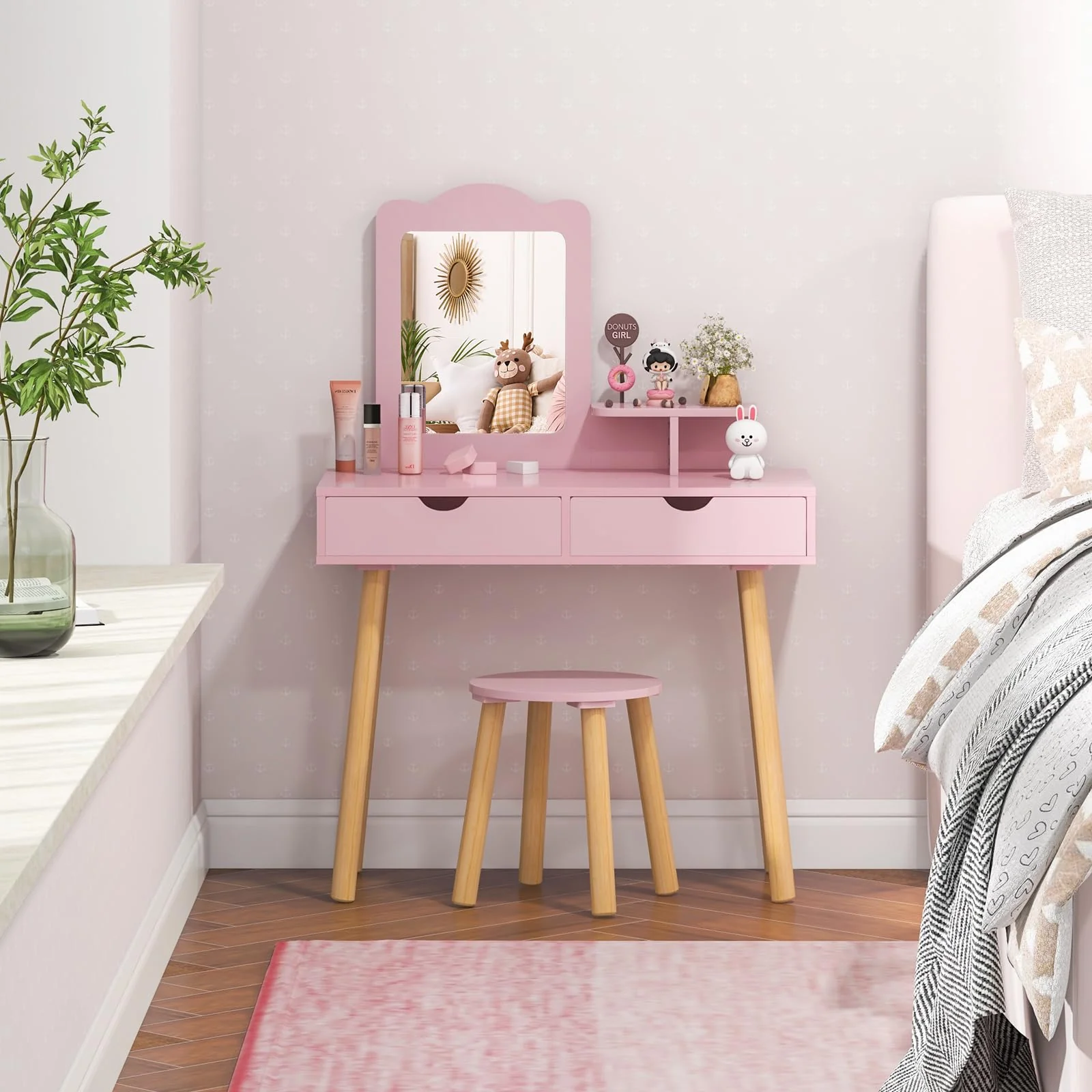 HONEY JOY Kids Vanity Set, Girls Vanity Set with Mirror and Stool, 2 Large Drawers, Storage Shelf - Image 8