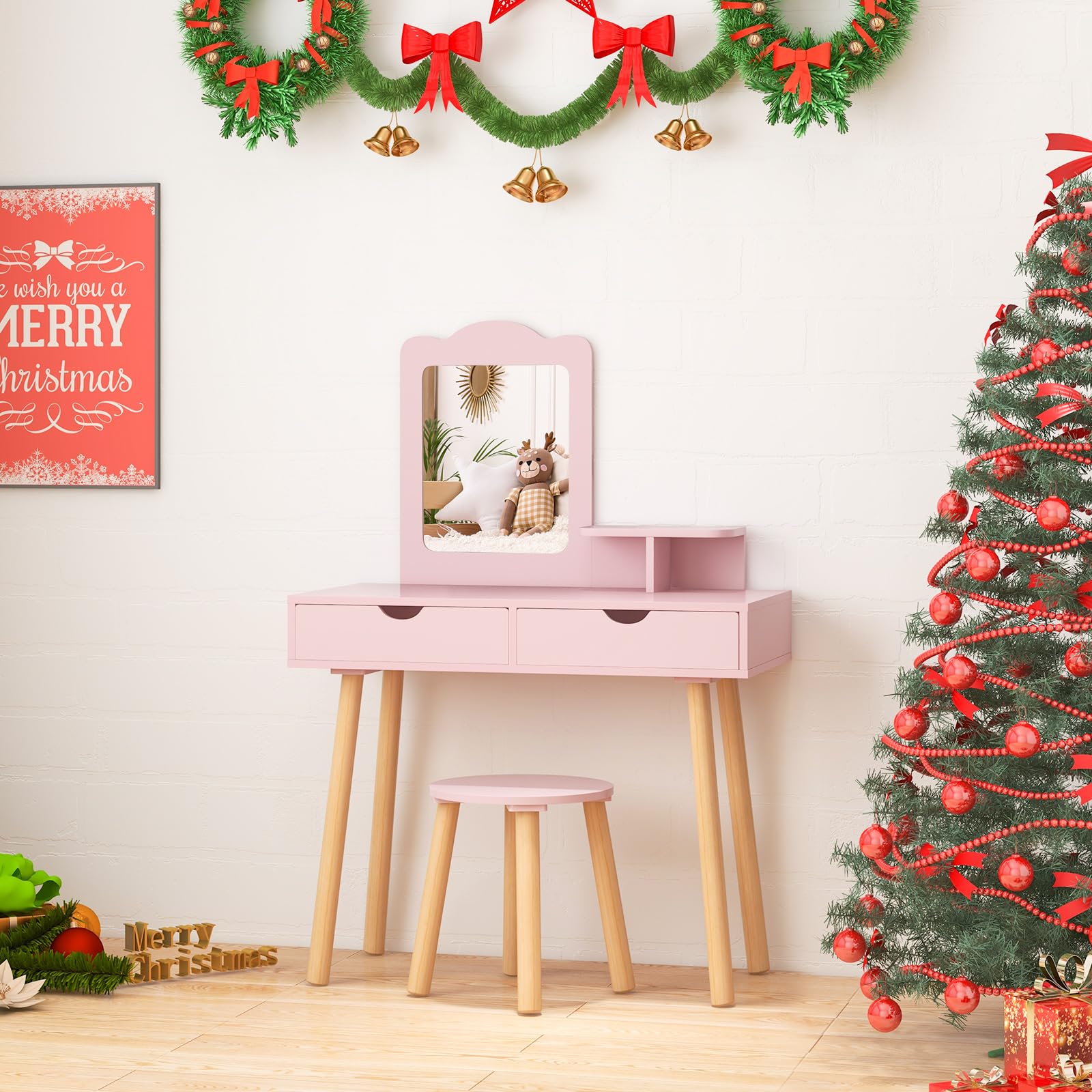 HONEY JOY Kids Vanity Set, Girls Vanity Set with Mirror and Stool, 2 Large Drawers, Storage Shelf - Image 9