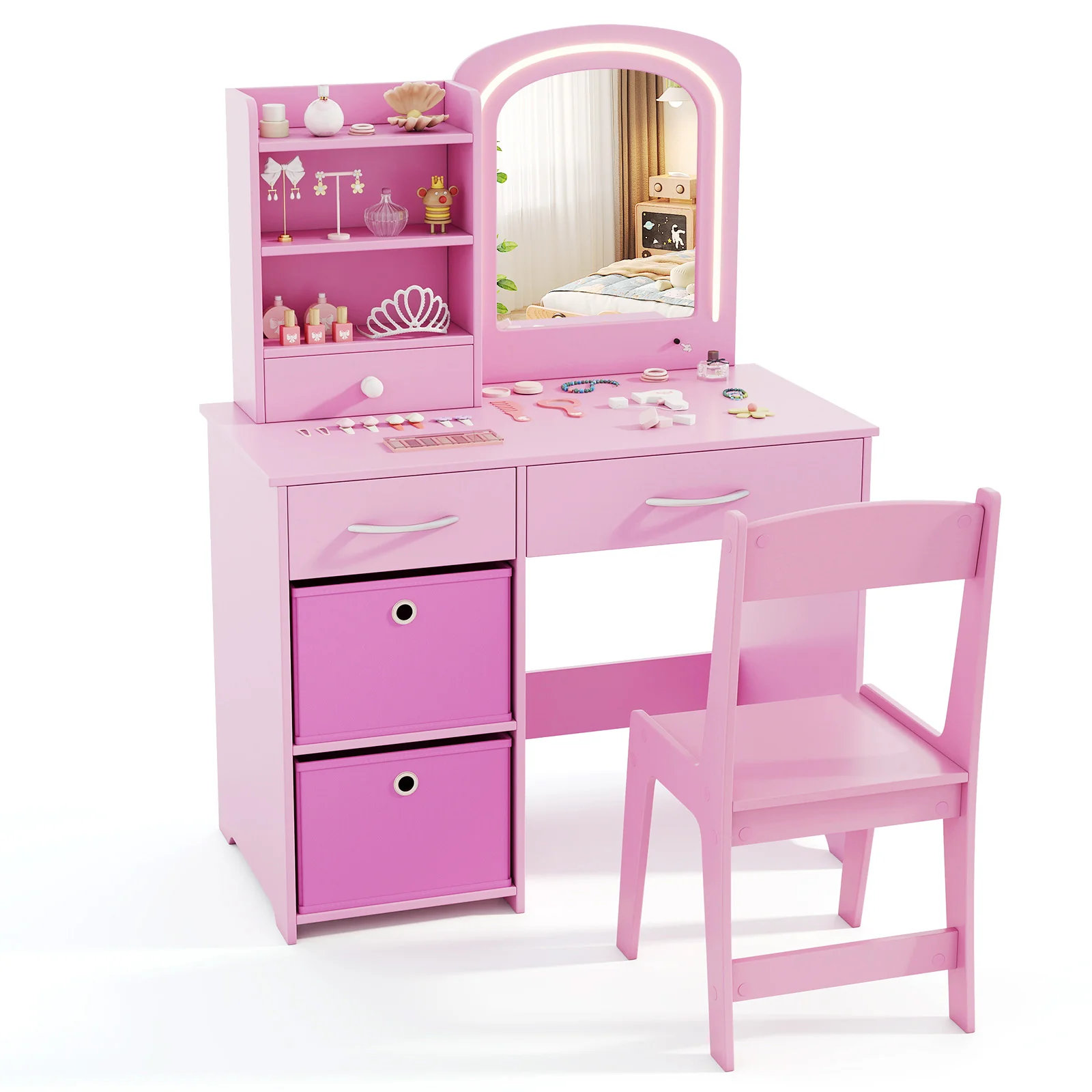 HONEY JOY Kids Vanity Set with 2 Color Lighted Mirror, Princess Makeup Desk and Chair Set with Mirror and Lights - Image 10
