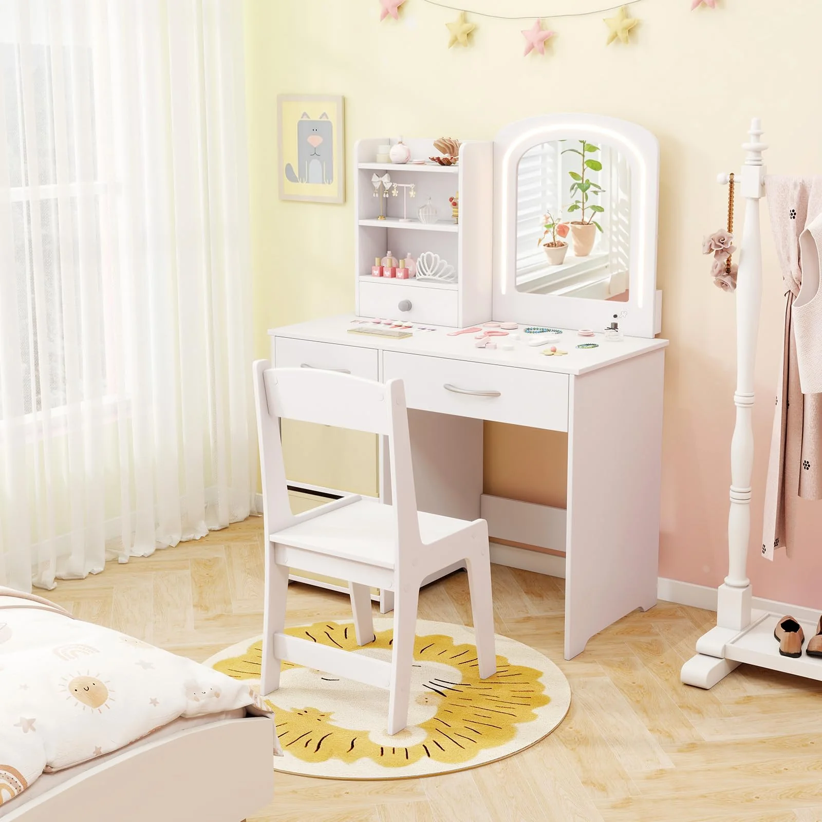 HONEY JOY Kids Vanity Set with 2 Color Lighted Mirror, Princess Makeup Desk and Chair Set with Mirror and Lights - Image 2