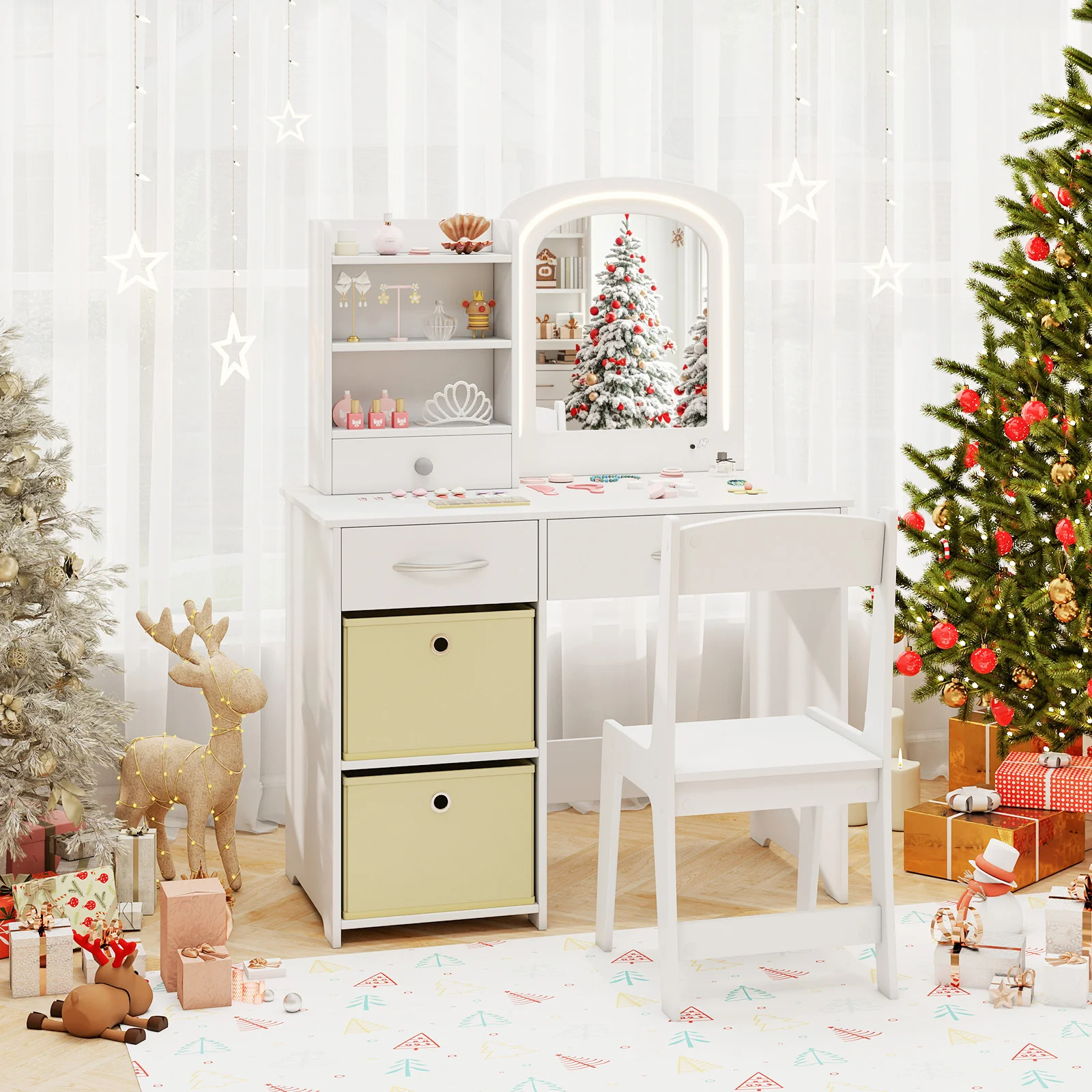 HONEY JOY Kids Vanity Set with 2 Color Lighted Mirror, Princess Makeup Desk and Chair Set with Mirror and Lights - Image 3