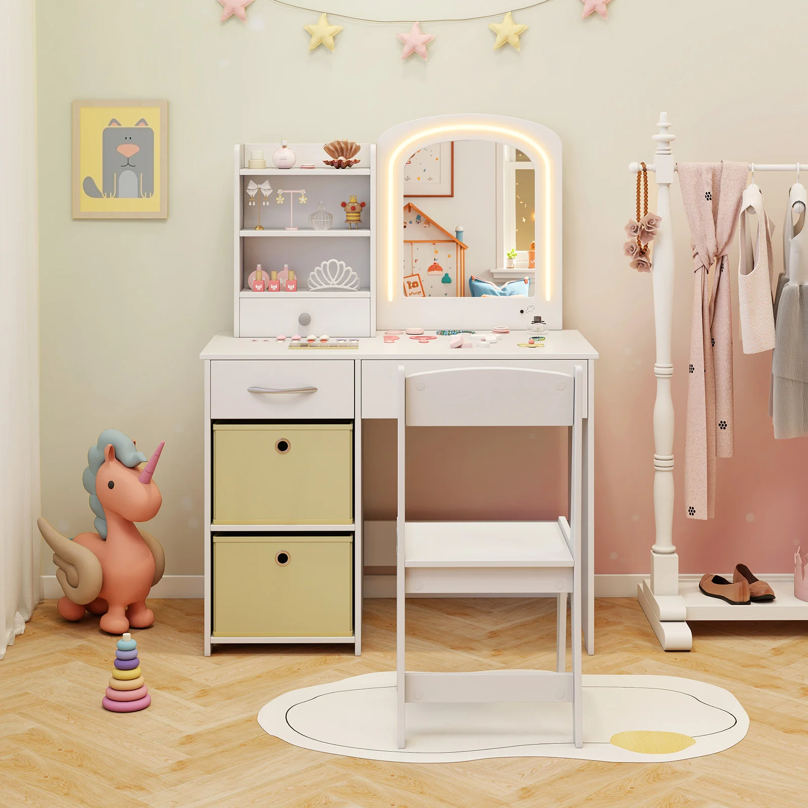 HONEY JOY Kids Vanity Set with 2 Color Lighted Mirror, Princess Makeup Desk and Chair Set with Mirror and Lights - Image 4