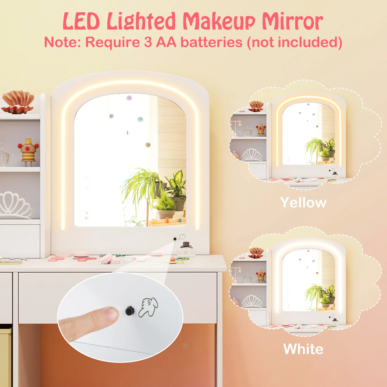 HONEY JOY Kids Vanity Set with 2 Color Lighted Mirror, Princess Makeup Desk and Chair Set with Mirror and Lights - Image 5