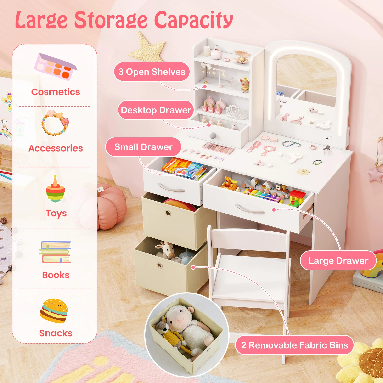 HONEY JOY Kids Vanity Set with 2 Color Lighted Mirror, Princess Makeup Desk and Chair Set with Mirror and Lights - Image 6