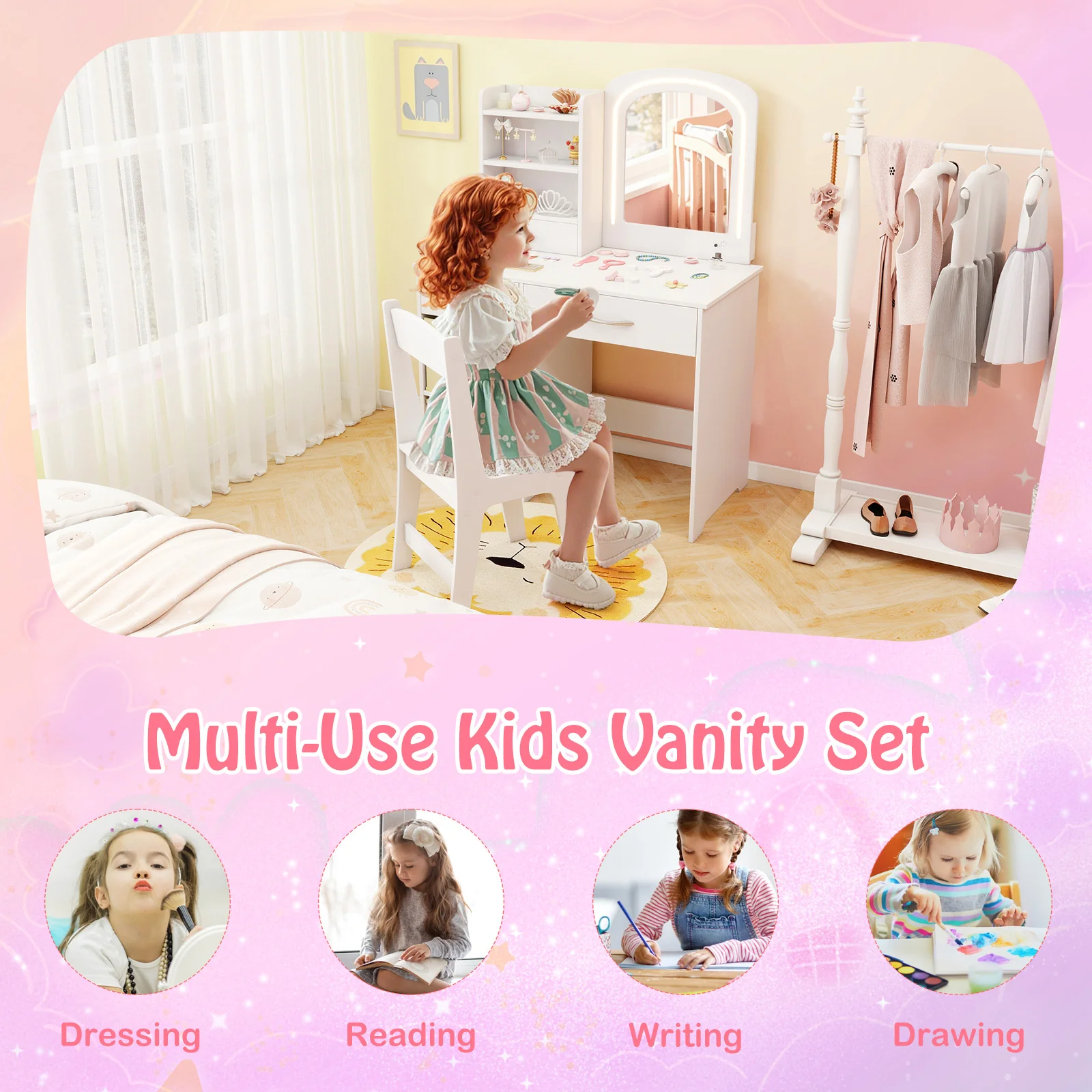 HONEY JOY Kids Vanity Set with 2 Color Lighted Mirror, Princess Makeup Desk and Chair Set with Mirror and Lights - Image 7