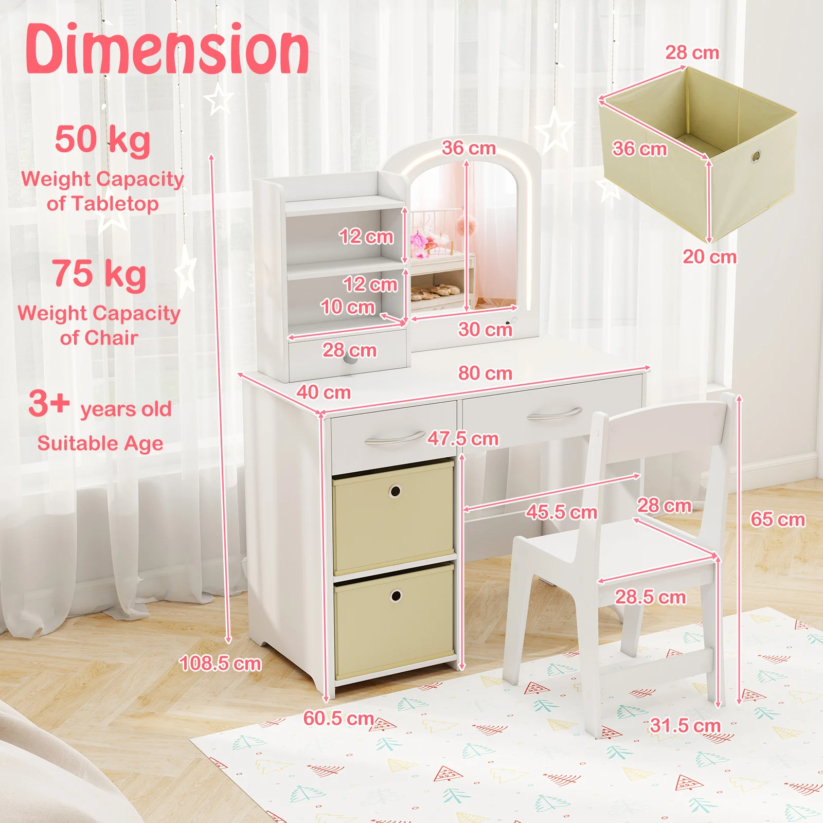 HONEY JOY Kids Vanity Set with 2 Color Lighted Mirror, Princess Makeup Desk and Chair Set with Mirror and Lights - Image 8