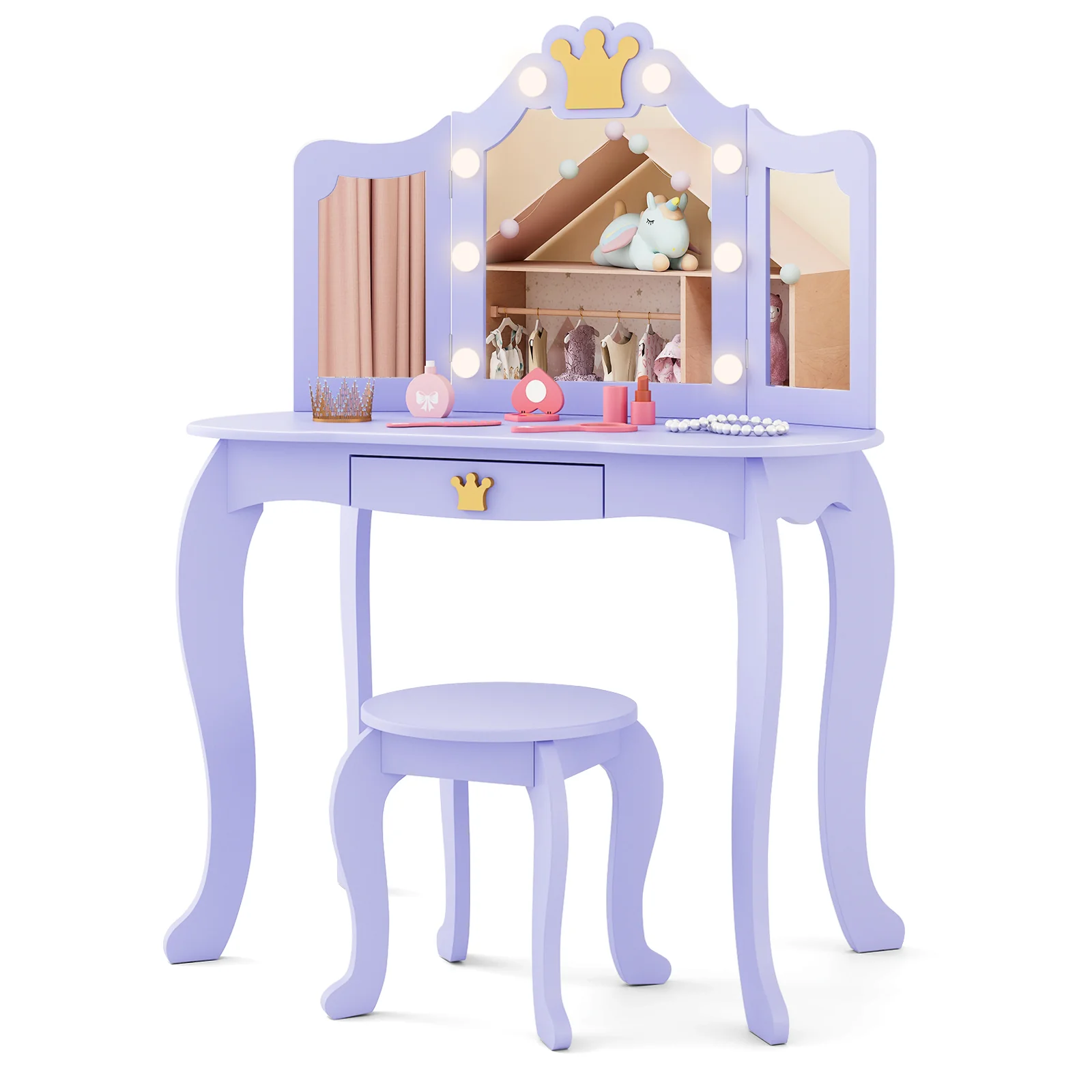 HONEY JOY Kids Vanity Set with 3-Color Adjustable Lighted Mirror - Image 11