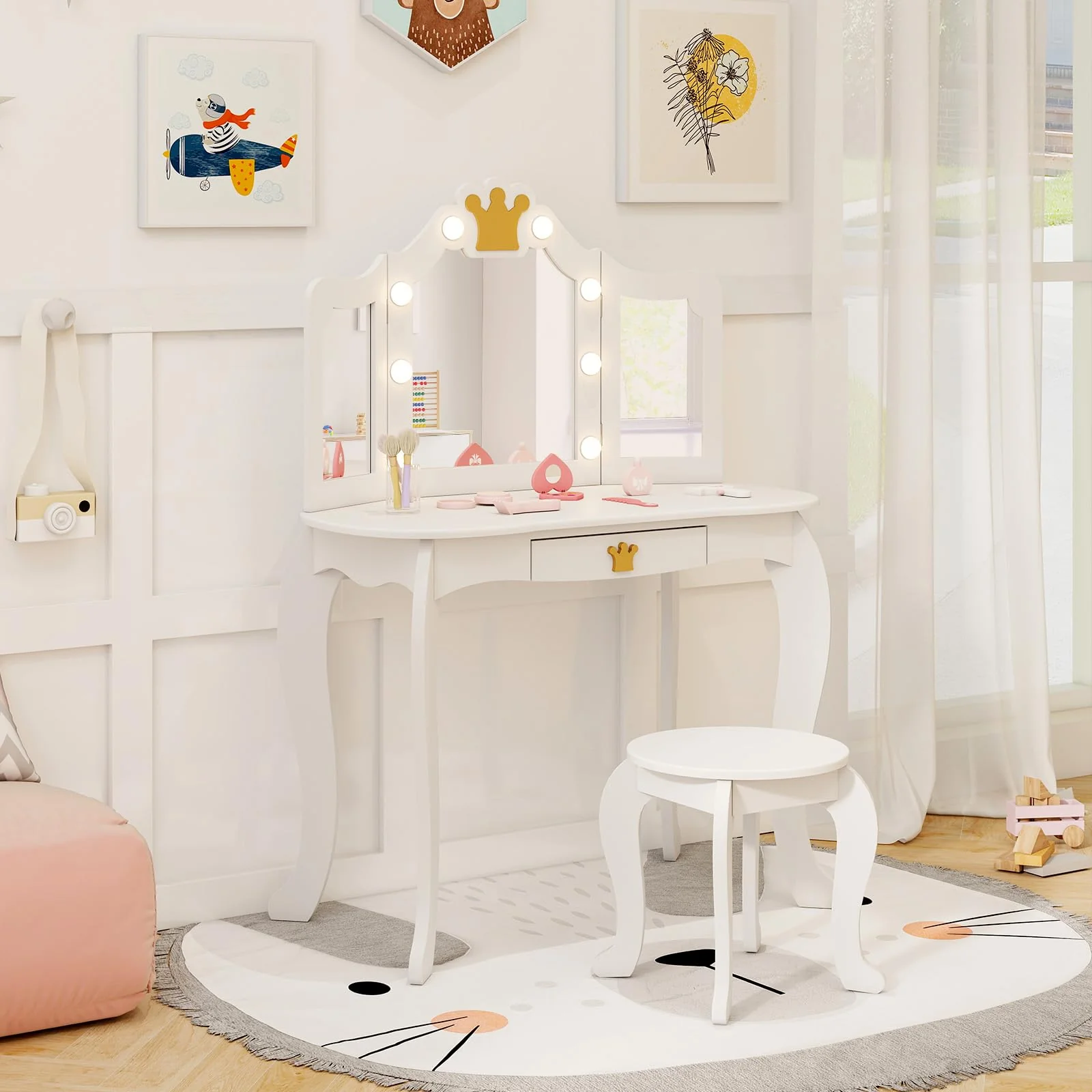 HONEY JOY Kids Vanity Set with 3-Color Adjustable Lighted Mirror - Image 2