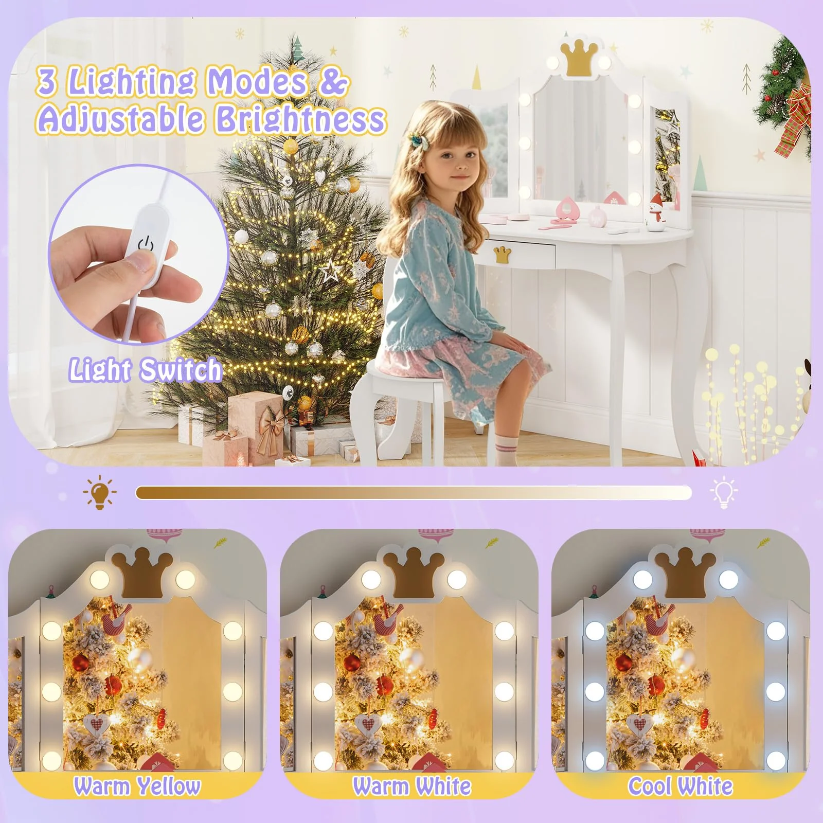 HONEY JOY Kids Vanity Set with 3-Color Adjustable Lighted Mirror - Image 3