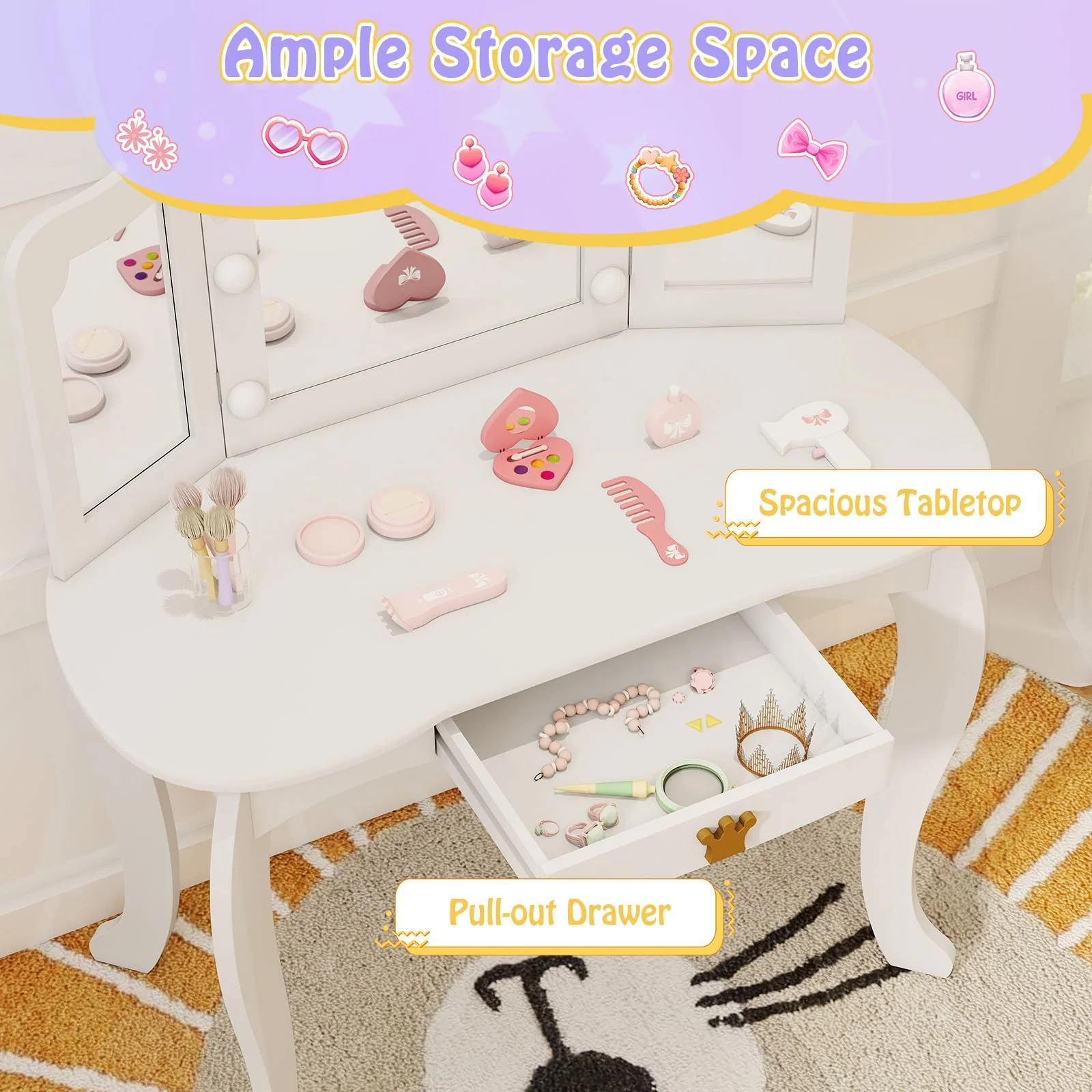 HONEY JOY Kids Vanity Set with 3-Color Adjustable Lighted Mirror - Image 4