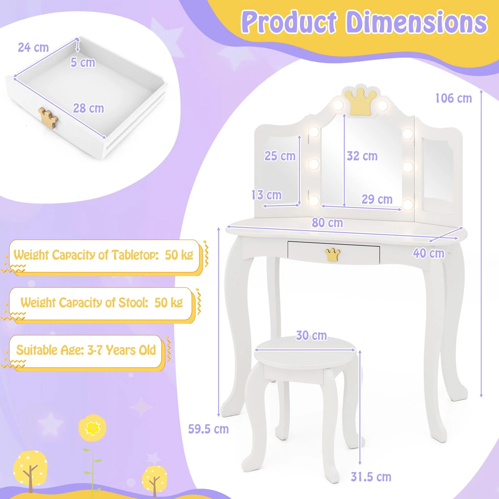 HONEY JOY Kids Vanity Set with 3-Color Adjustable Lighted Mirror - Image 6