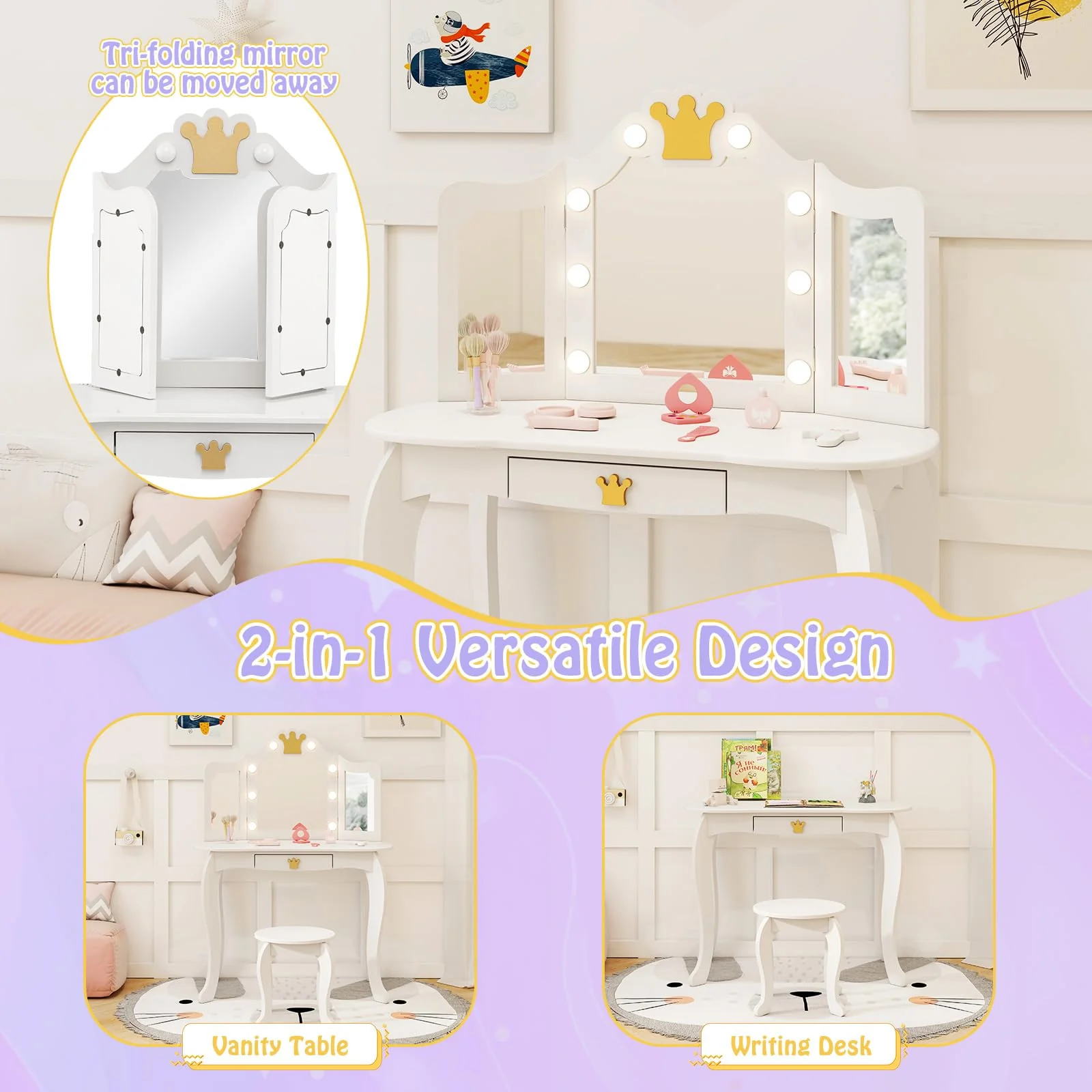 HONEY JOY Kids Vanity Set with 3-Color Adjustable Lighted Mirror - Image 9
