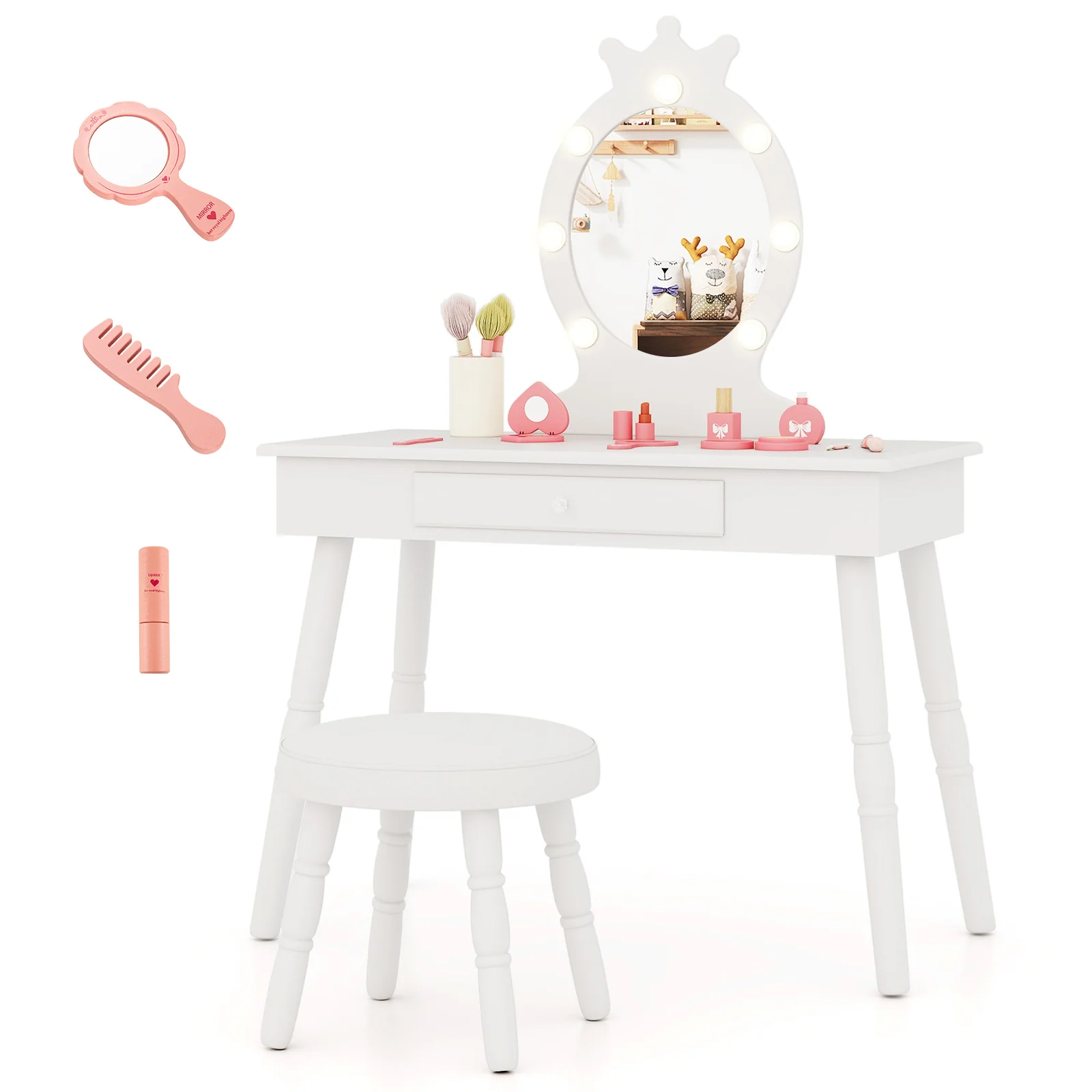 HONEY JOY Kids Vanity Set with LED Lighted Mirror & Stool - Image 10