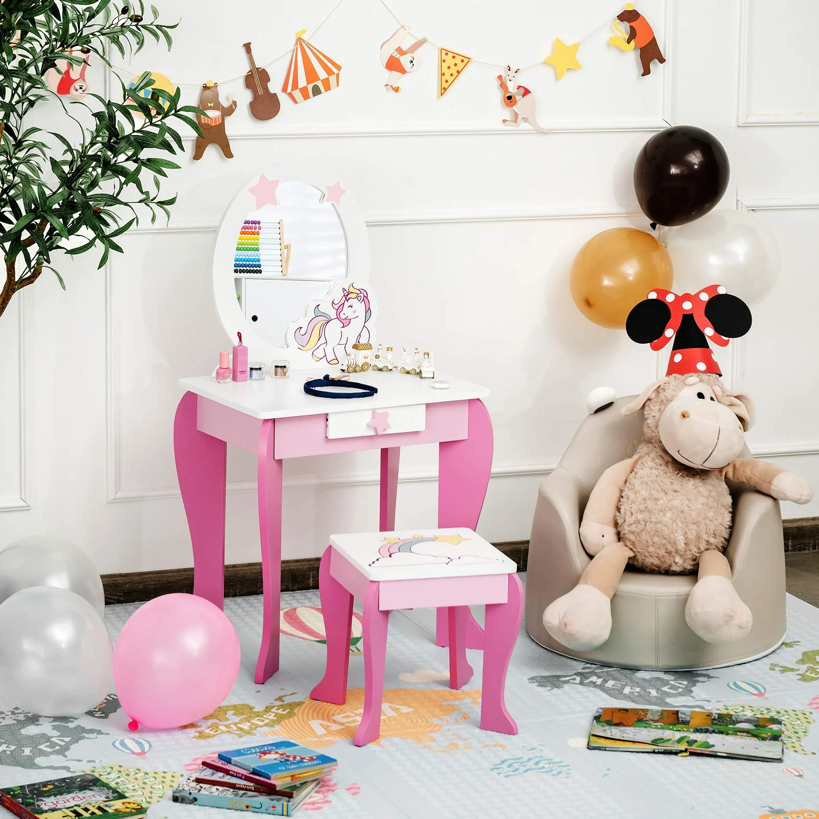 HONEY JOY Kids Vanity Set with Mirror, 2 in 1 Wooden Princess Makeup Dressing Table, TOP 50 Bonus Trinkets Set - Image 2