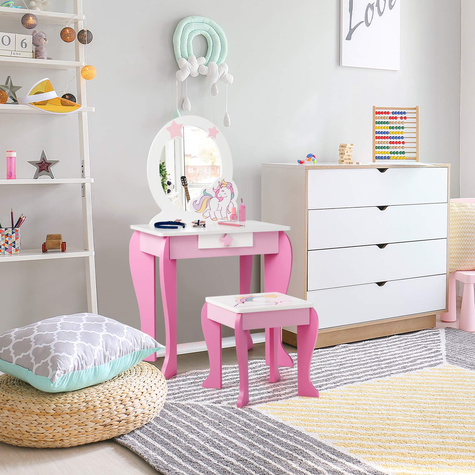 HONEY JOY Kids Vanity Set with Mirror, 2 in 1 Wooden Princess Makeup Dressing Table, TOP 50 Bonus Trinkets Set - Image 5