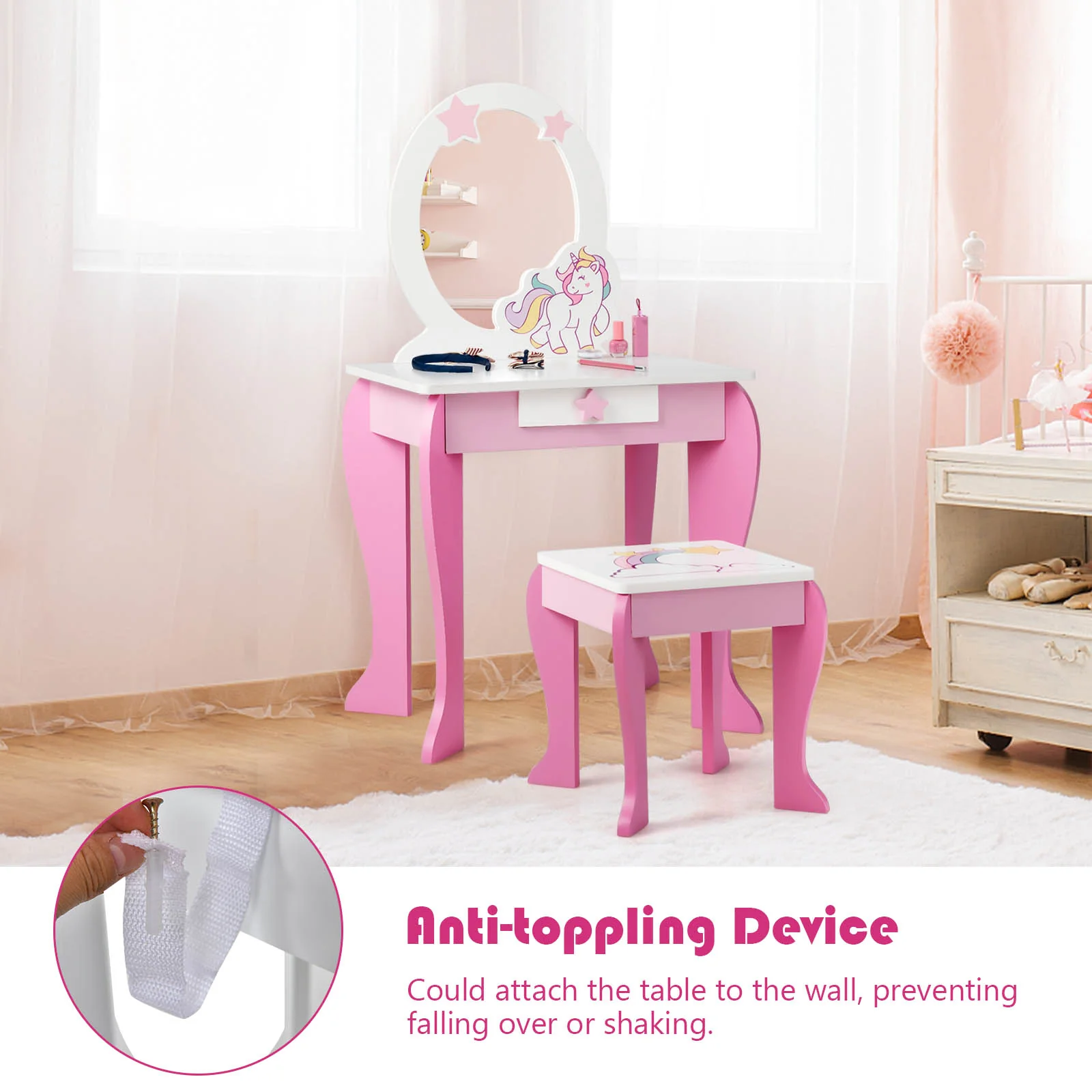 HONEY JOY Kids Vanity Set with Mirror, 2 in 1 Wooden Princess Makeup Dressing Table, TOP 50 Bonus Trinkets Set - Image 6
