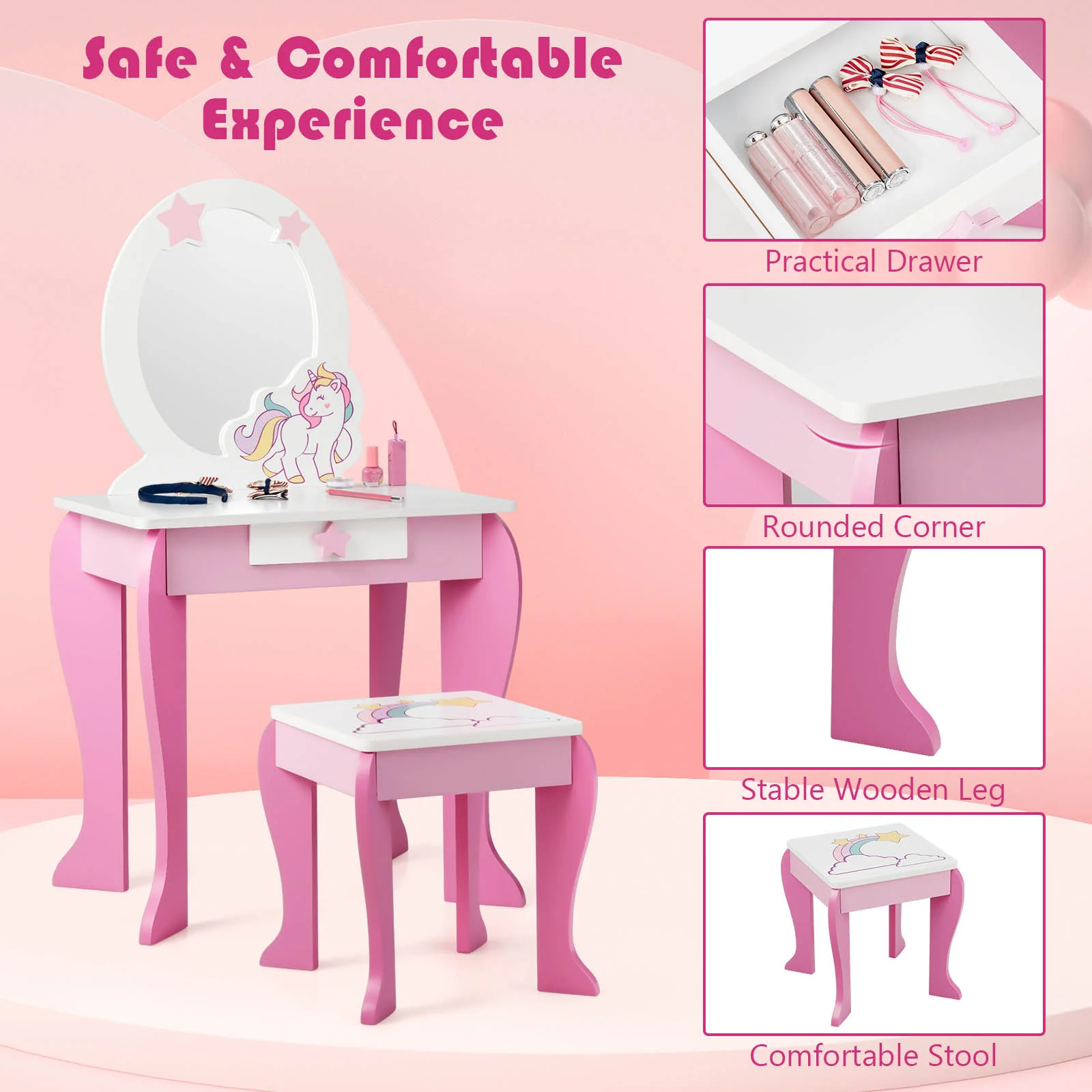 HONEY JOY Kids Vanity Set with Mirror, 2 in 1 Wooden Princess Makeup Dressing Table, TOP 50 Bonus Trinkets Set - Image 7