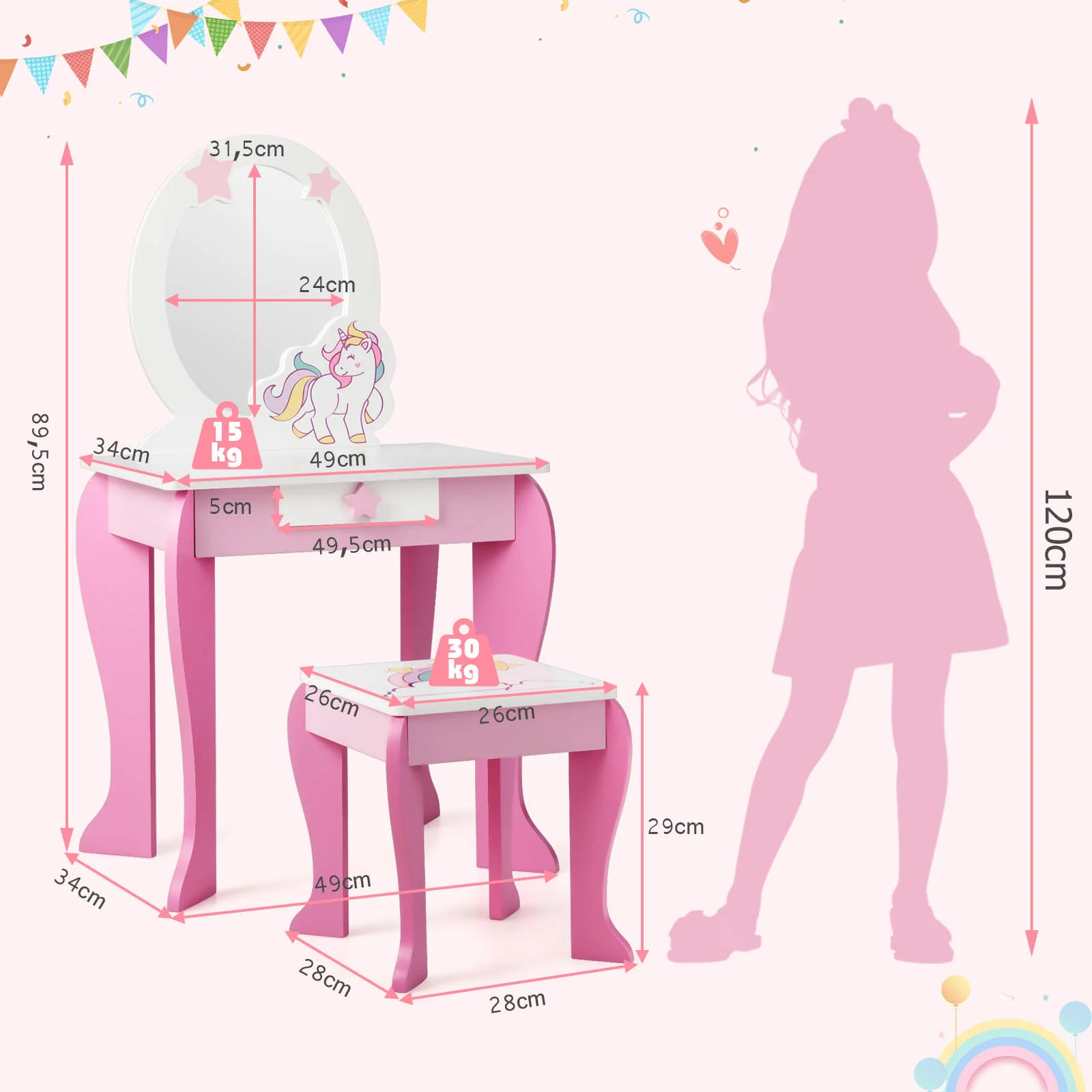 HONEY JOY Kids Vanity Set with Mirror, 2 in 1 Wooden Princess Makeup Dressing Table, TOP 50 Bonus Trinkets Set - Image 9