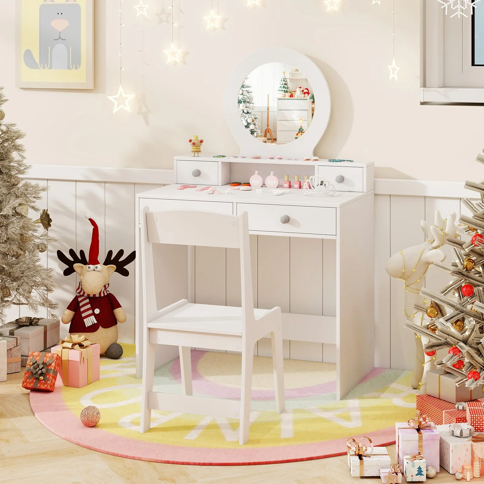HONEY JOY Kids Vanity Set with Mirror, Princess Makeup Dressing Desk and Chair Set with Mirror - Image 2