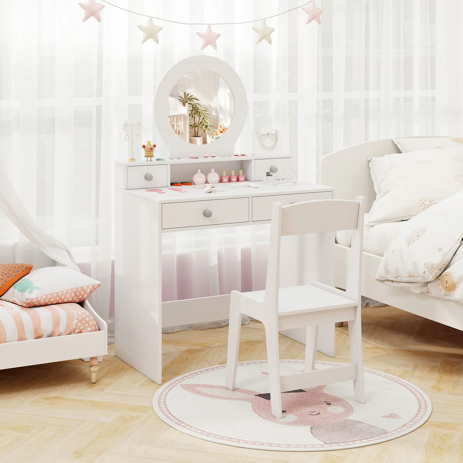 HONEY JOY Kids Vanity Set with Mirror, Princess Makeup Dressing Desk and Chair Set with Mirror - Image 3