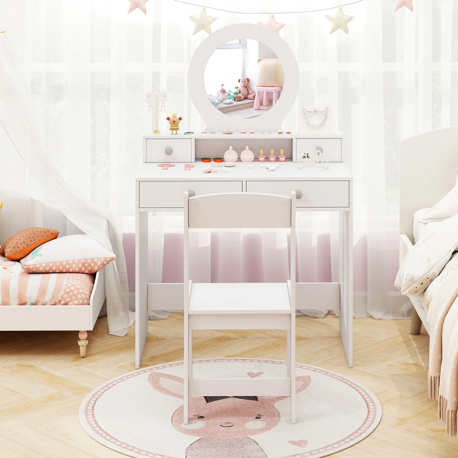 HONEY JOY Kids Vanity Set with Mirror, Princess Makeup Dressing Desk and Chair Set with Mirror - Image 4