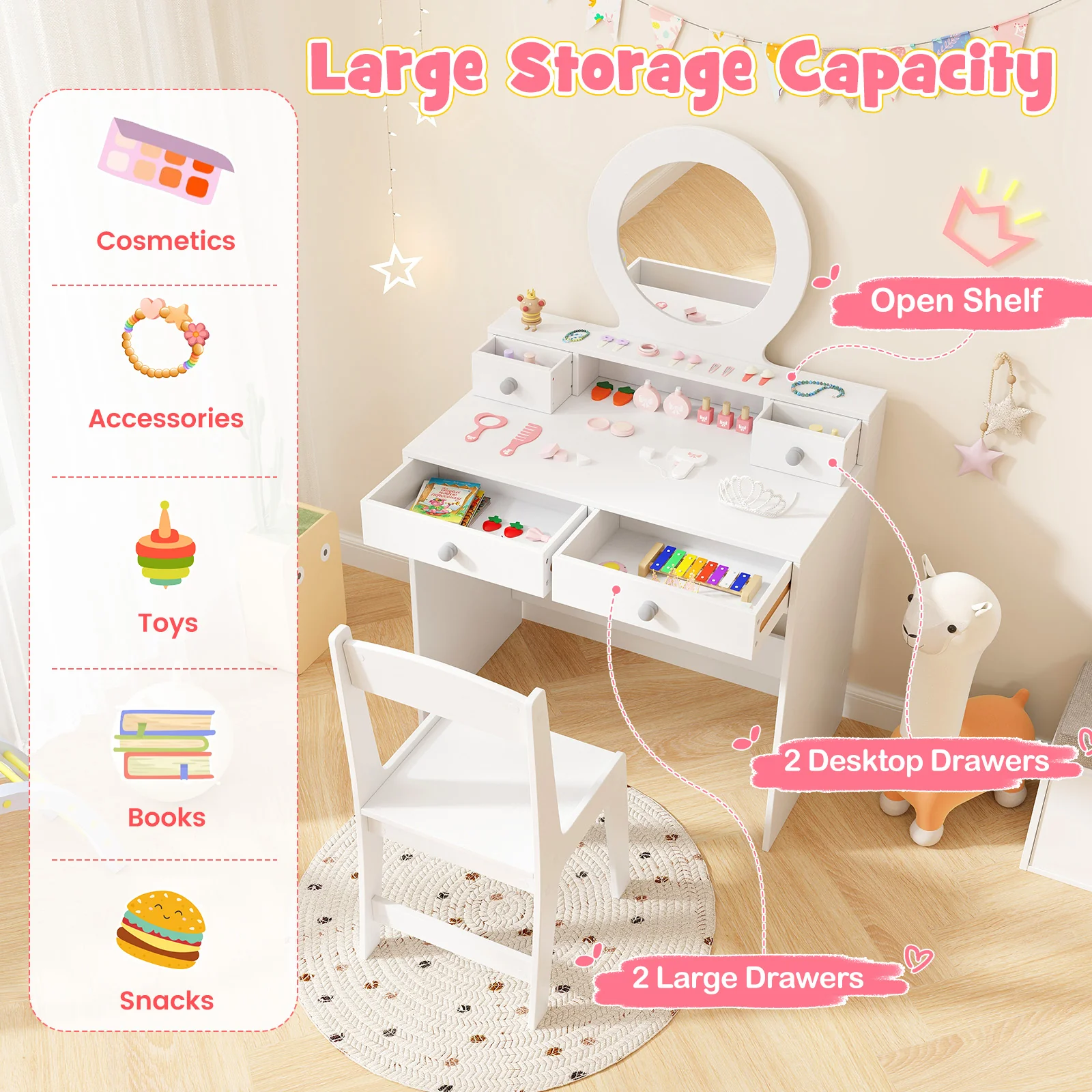 HONEY JOY Kids Vanity Set with Mirror, Princess Makeup Dressing Desk and Chair Set with Mirror - Image 5